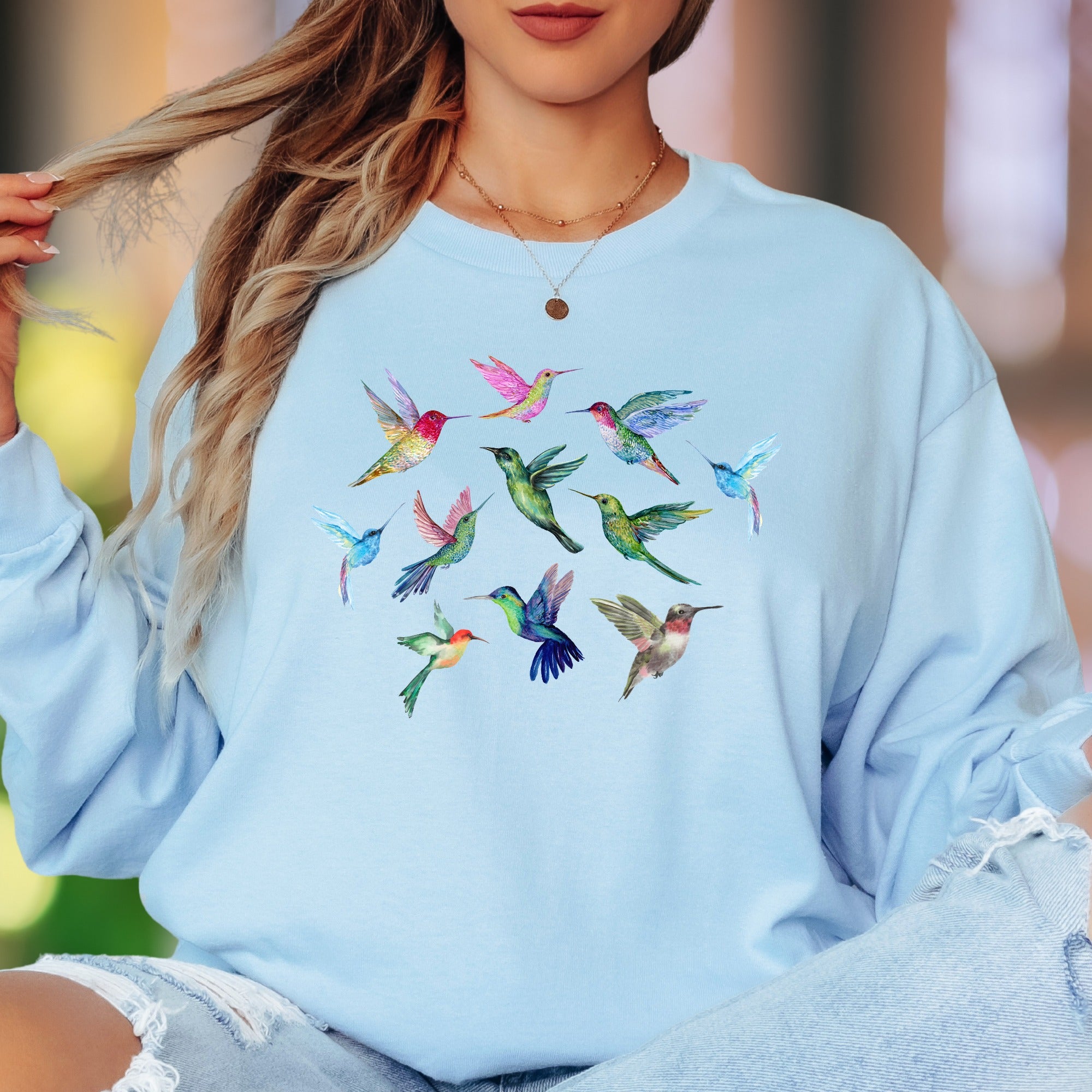 "Colorful Hummingbirds" | Nature Aesthetic Unisex Adult Long Sleeve T-Shirt | Whimsical Lifestyle