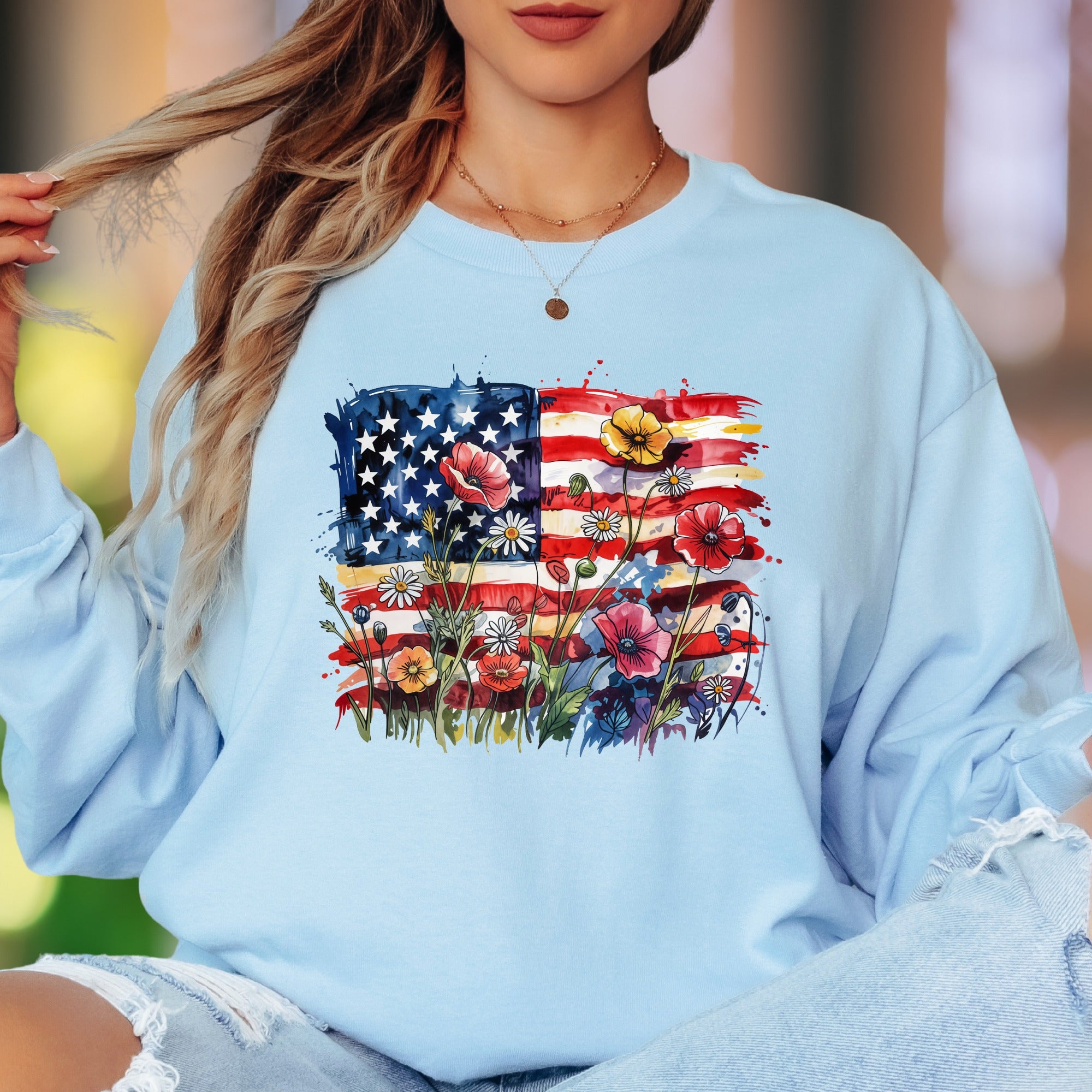 "Abstract Floral Flag" | Watercolor Nature Unisex Adult Long Sleeve T-Shirt | Patriotic Lifestyle