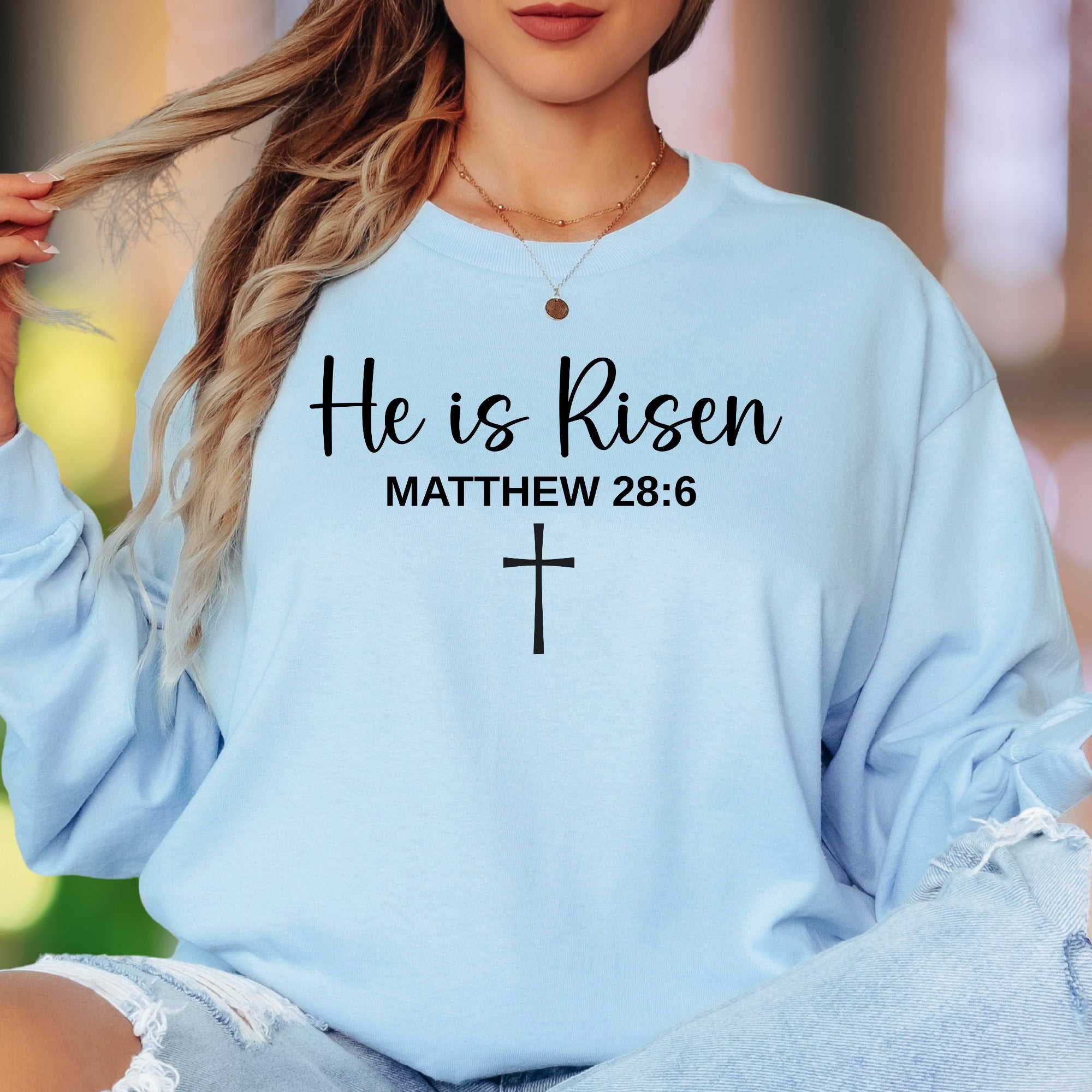 "He is Risen Matthew 28:6" | Modern Typography Unisex Adult Long Sleeve T-Shirt | Faith-Inspired Lifestyle