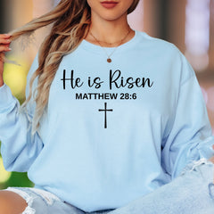 "He is Risen Matthew 28:6" | Modern Typography Unisex Adult Long Sleeve T-Shirt | Faith-Inspired Lifestyle