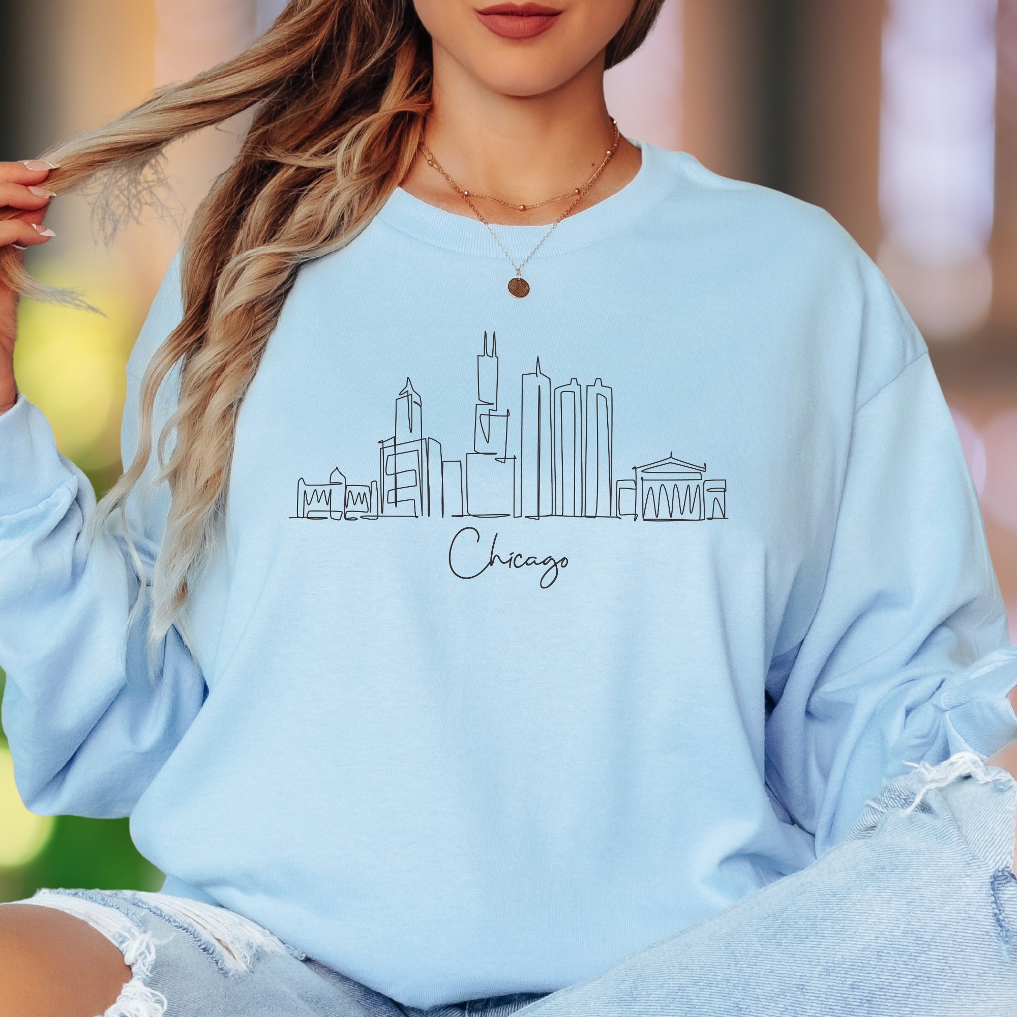 "Chicago" | Minimalist Skyline Unisex Adult Long Sleeve T-Shirt | City Lifestyle