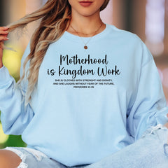 "Motherhood is Kingdom Work" | Script Typography Unisex Adult Long Sleeve T-Shirt | Faith-Inspired Lifestyle