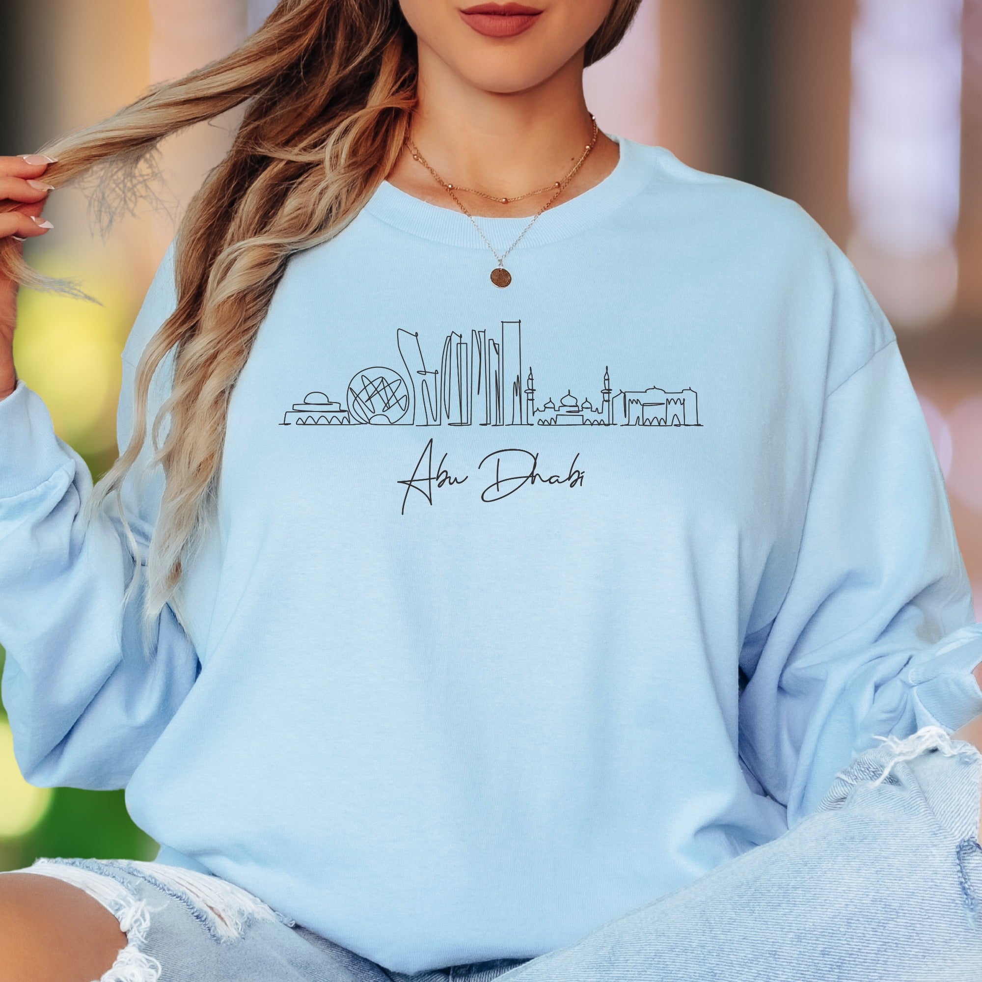 "Abu Dhabi" | Minimal Skyline Unisex Adult Long Sleeve T-Shirt | Travel & Cityscape