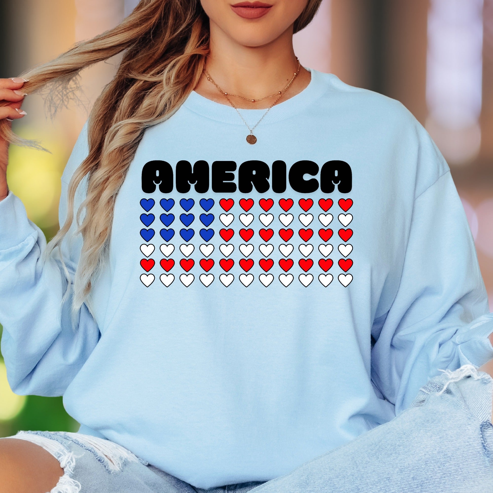 "AMERICA" | Patriotic Heart Grid Unisex Adult Long Sleeve T-Shirt | Heritage Pride