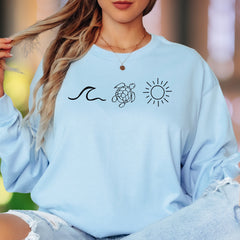 "Wave Turtle Sun" | Minimal Nature Unisex Adult Long Sleeve T-Shirt | Ocean Lifestyle