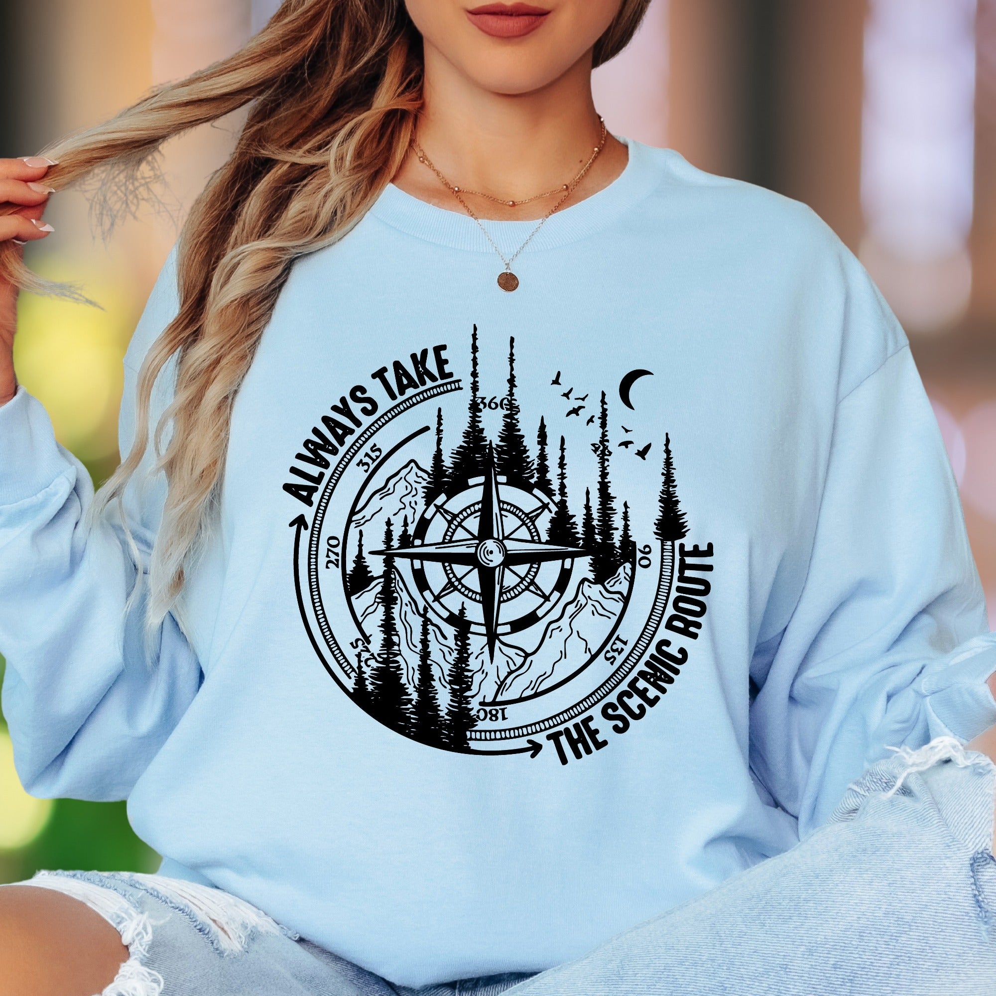 "Always Take The Scenic Route" | Nature Compass Unisex Adult Long Sleeve T-Shirt | Outdoor Lifestyle