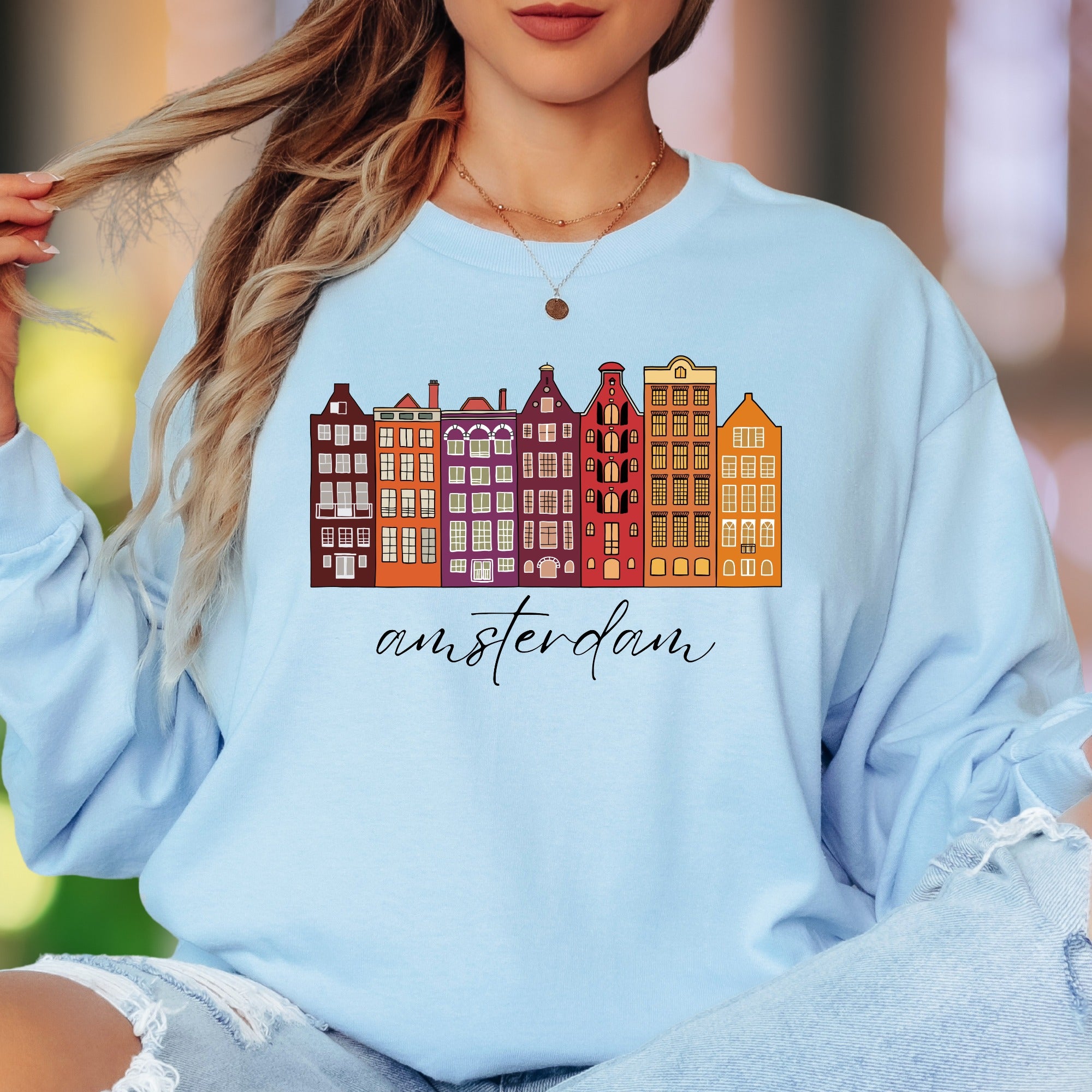 "amsterdam" | Cityscape Retro Unisex Adult Long Sleeve T-Shirt | Travel & Culture Lifestyle