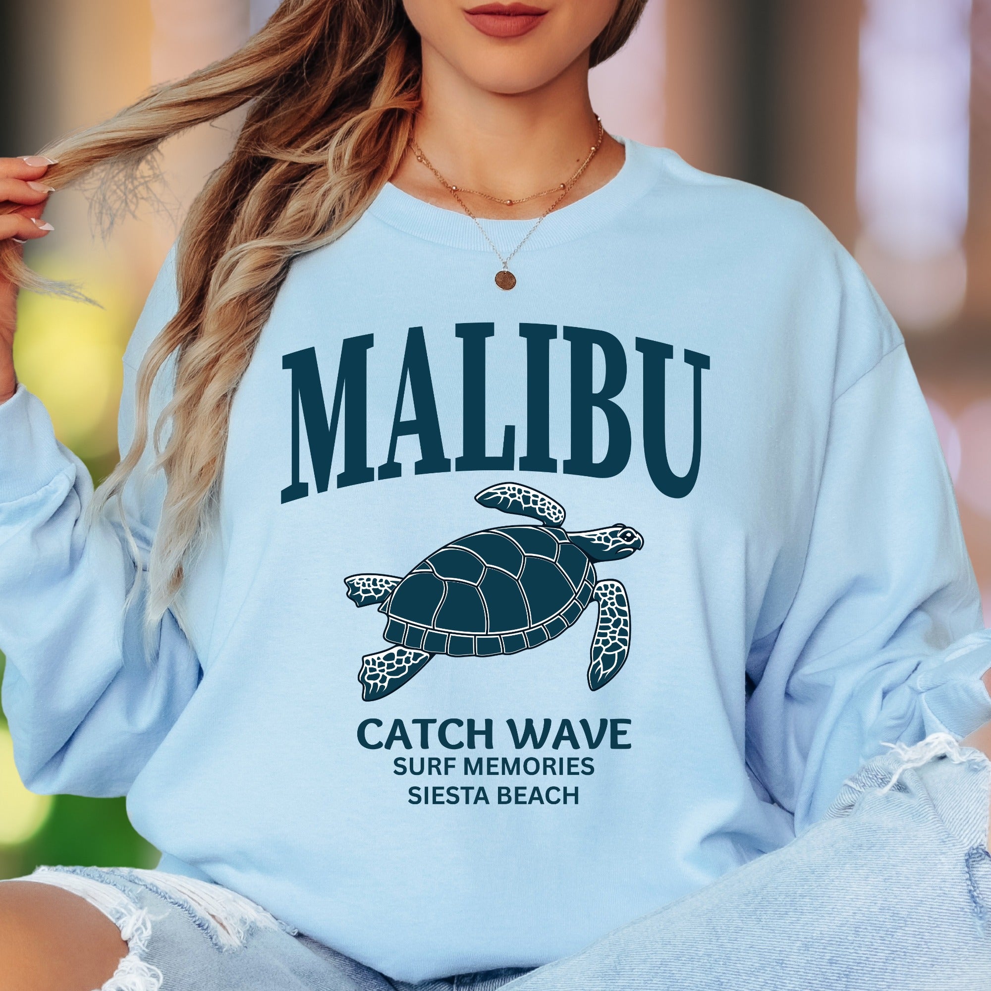 "MALIBU Catch Wave Surf Memories Siesta Beach" | Coastal Retro Unisex Adult Long Sleeve T-Shirt | Beach Lifestyle