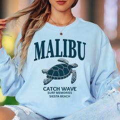 "MALIBU Catch Wave Surf Memories Siesta Beach" | Coastal Retro Unisex Adult Long Sleeve T-Shirt | Beach Lifestyle