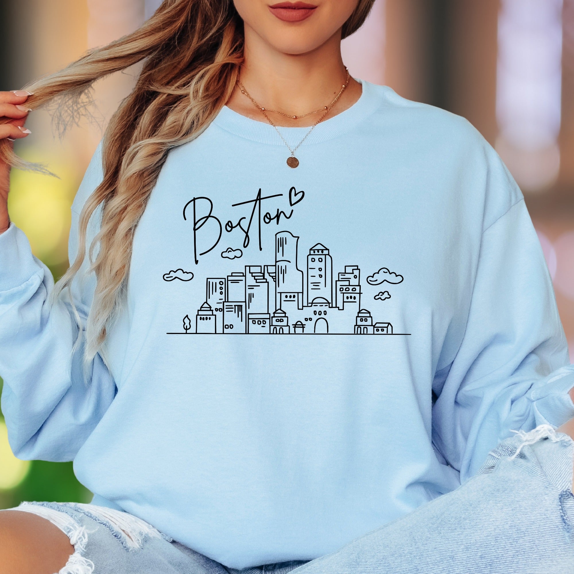 "Boston" | Minimal Cityscape Unisex Adult Long Sleeve T-Shirt | Travel & Lifestyle
