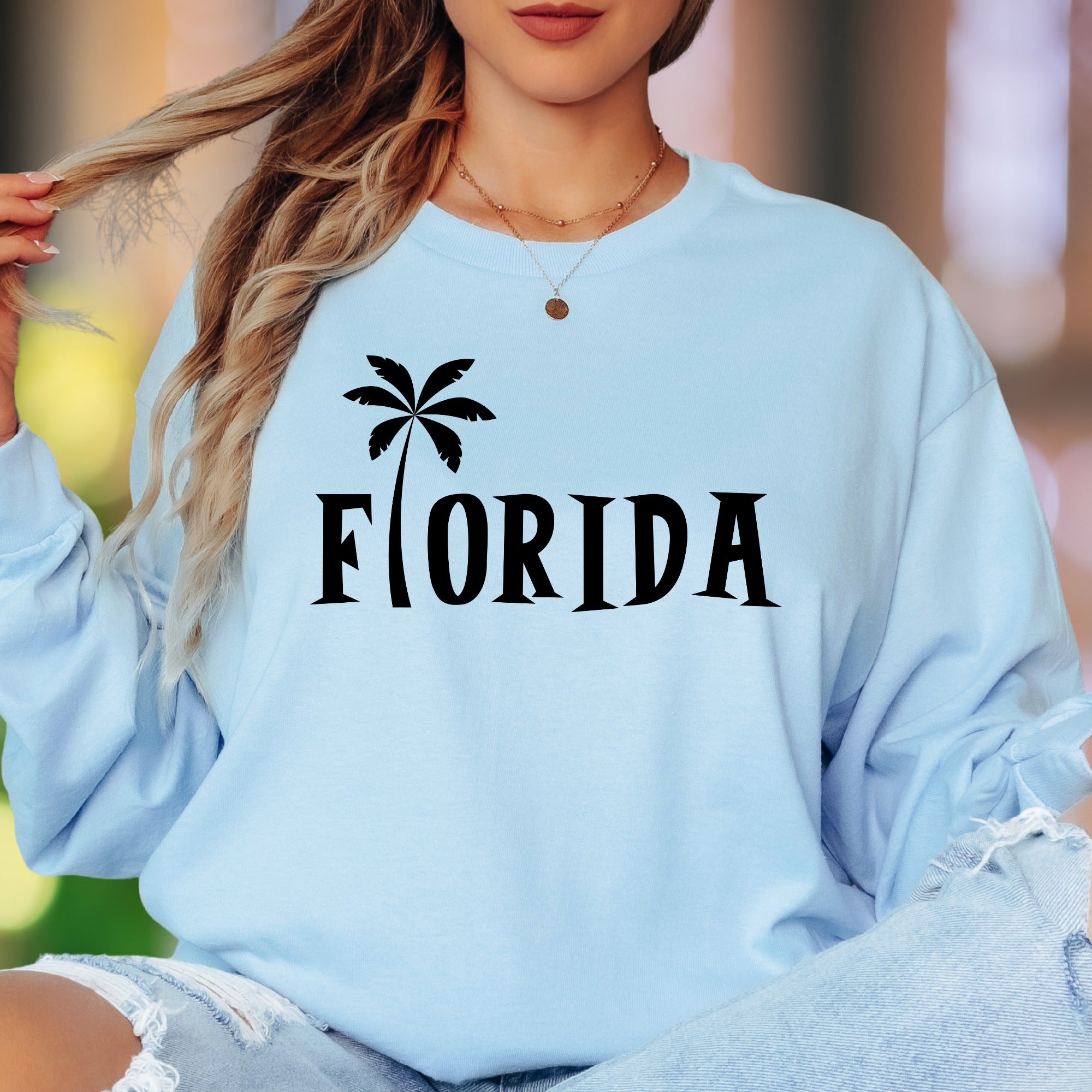 "Florida" | Palm Tree Typography Unisex Adult Long Sleeve T-Shirt | Travel & Lifestyle
