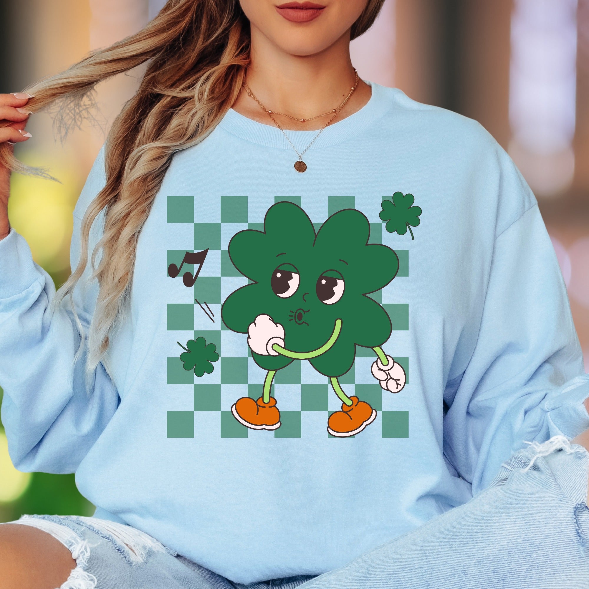 "Groovy Shamrock" | Retro Checkerboard Unisex Adult Long Sleeve T-Shirt | Playful St. Patrick's Day Style