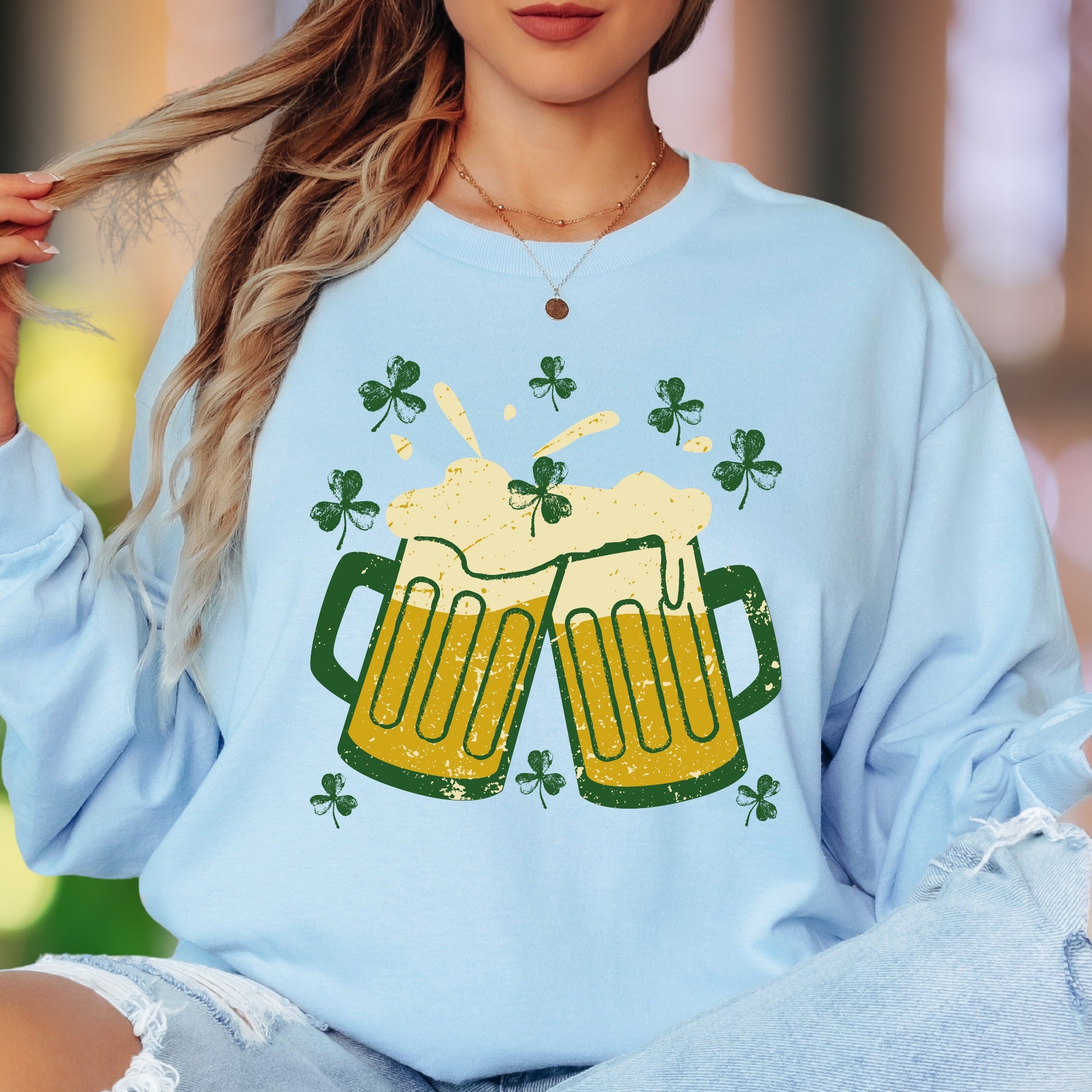 St. Patrick's Day Cheers | Distressed Graphic Unisex Adult Long Sleeve T-Shirt | Festive Lifestyle