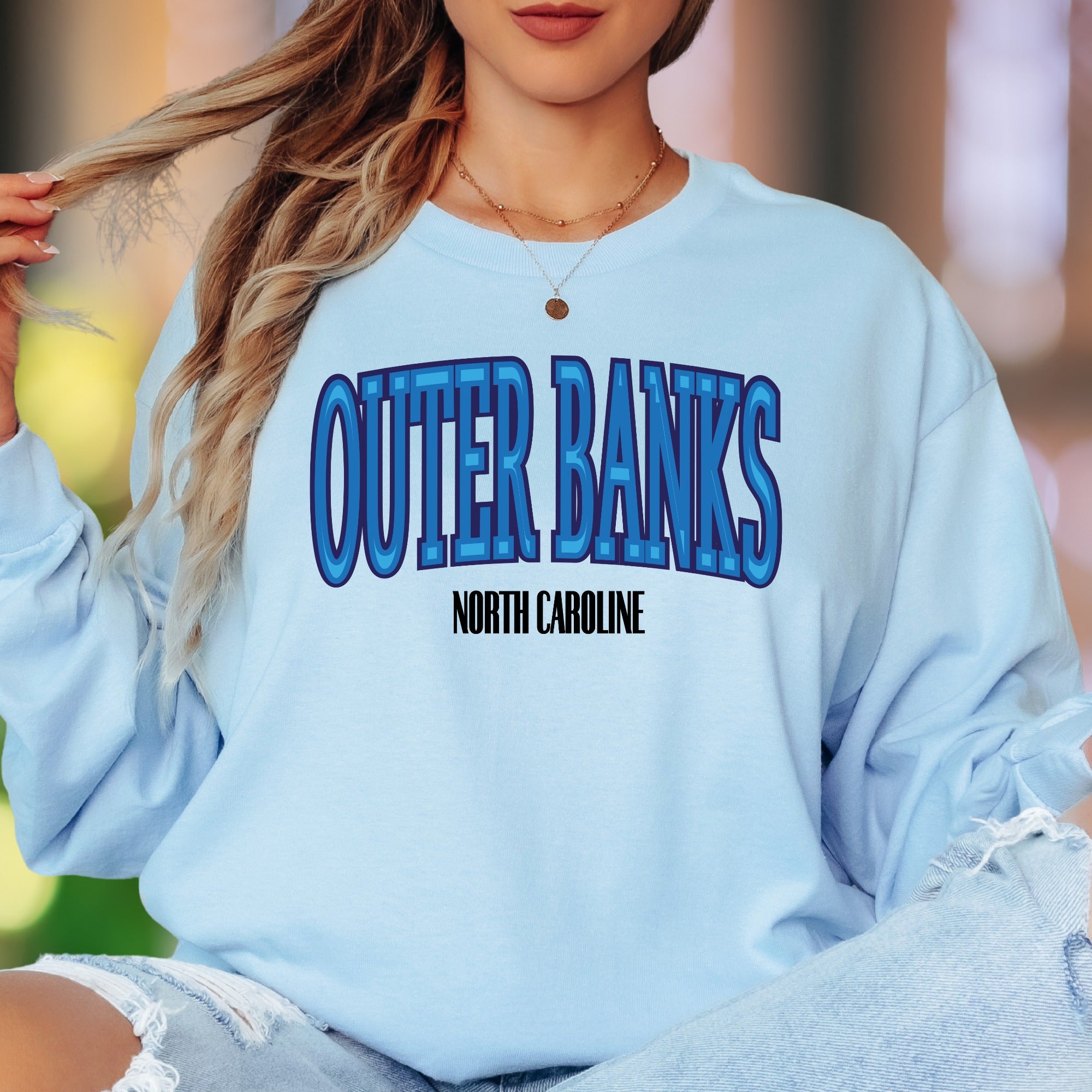 "Outer Banks North Carolina" | Retro Typography Unisex Adult Long Sleeve T-Shirt | Coastal Lifestyle