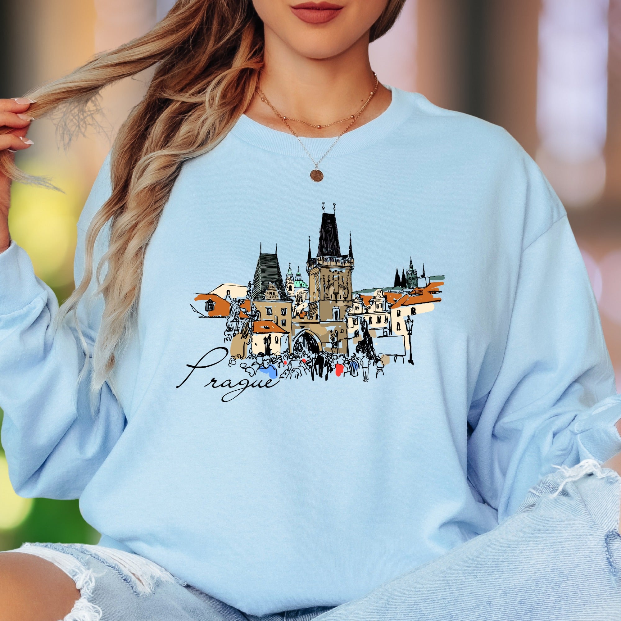 "Prague" | Sketch Art Cityscape Unisex Adult Long Sleeve T-Shirt | Travel & Culture Lifestyle