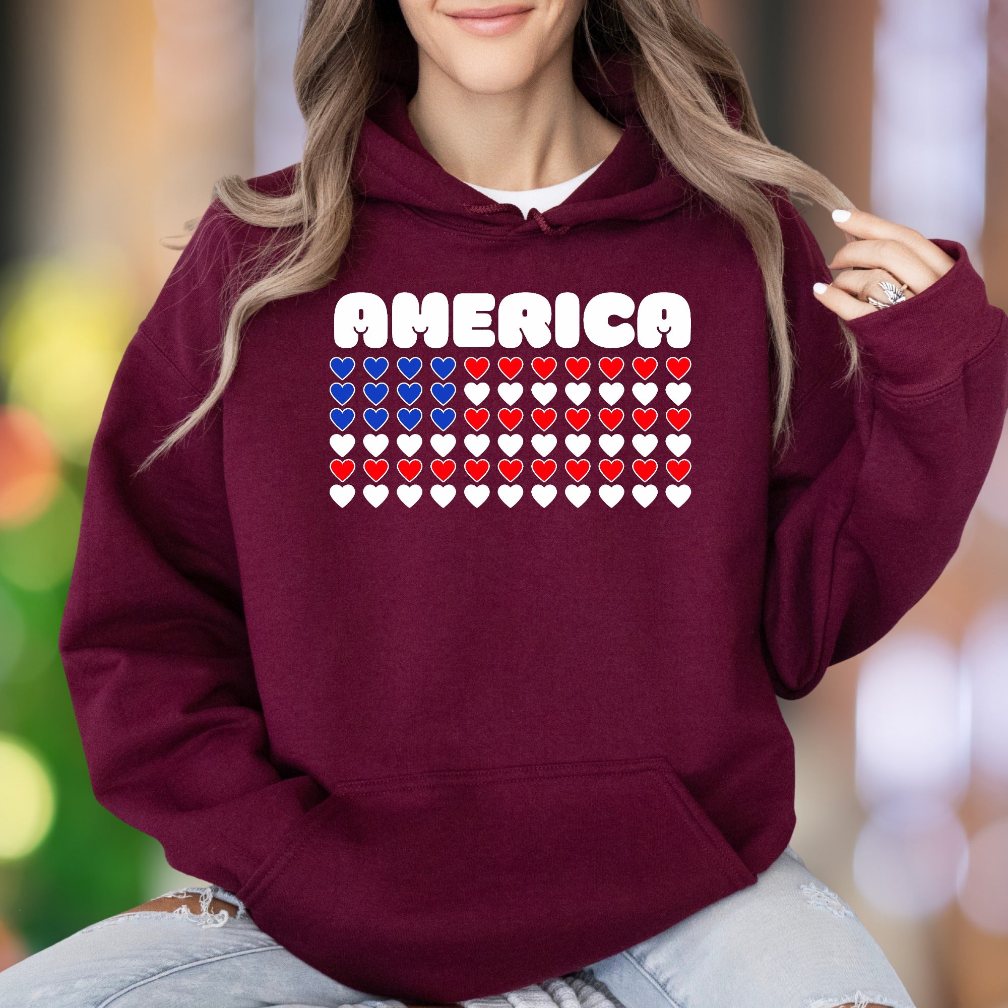 "AMERICA" | Patriotic Heart Flag Unisex Adult Hoodie | National Pride Apparel