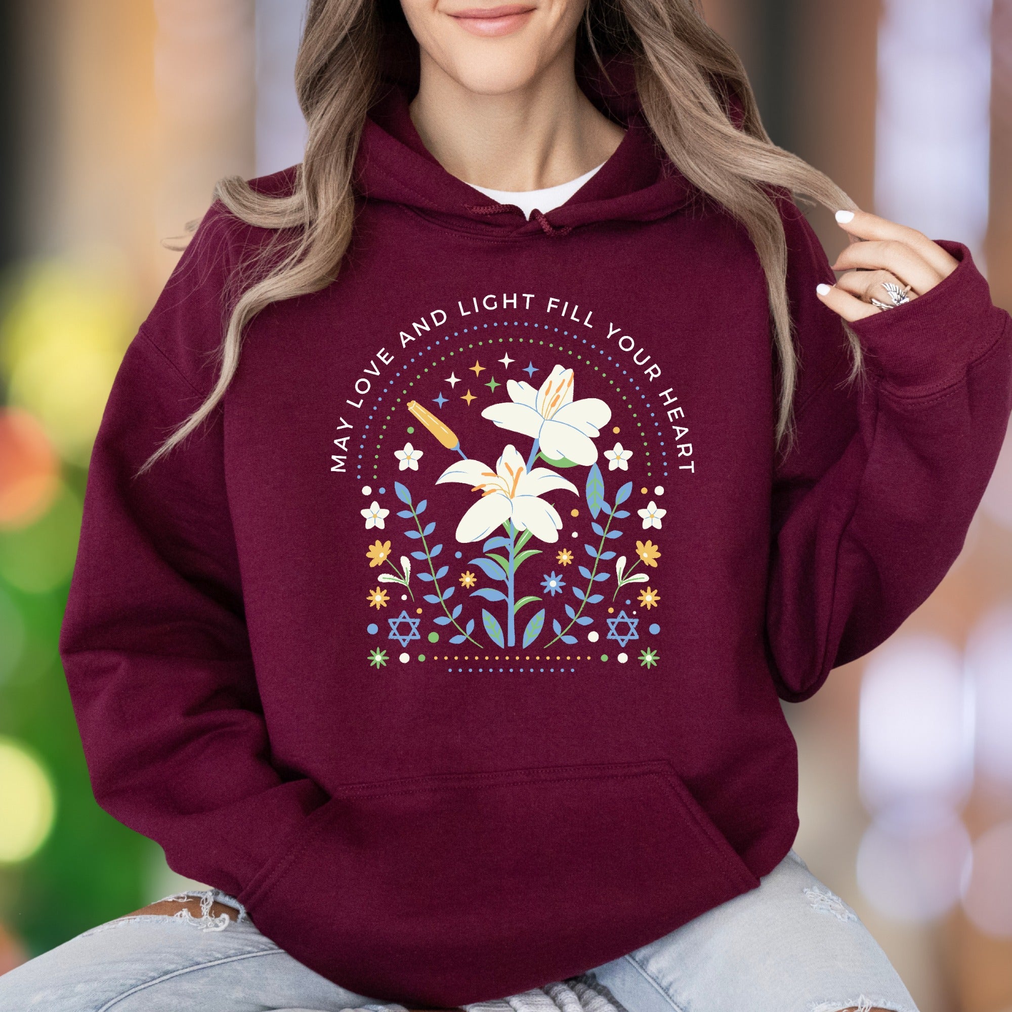 "May Love and Light Fill Your Heart" | Floral Graphic Unisex Adult Hoodie | Calm Lifestyle