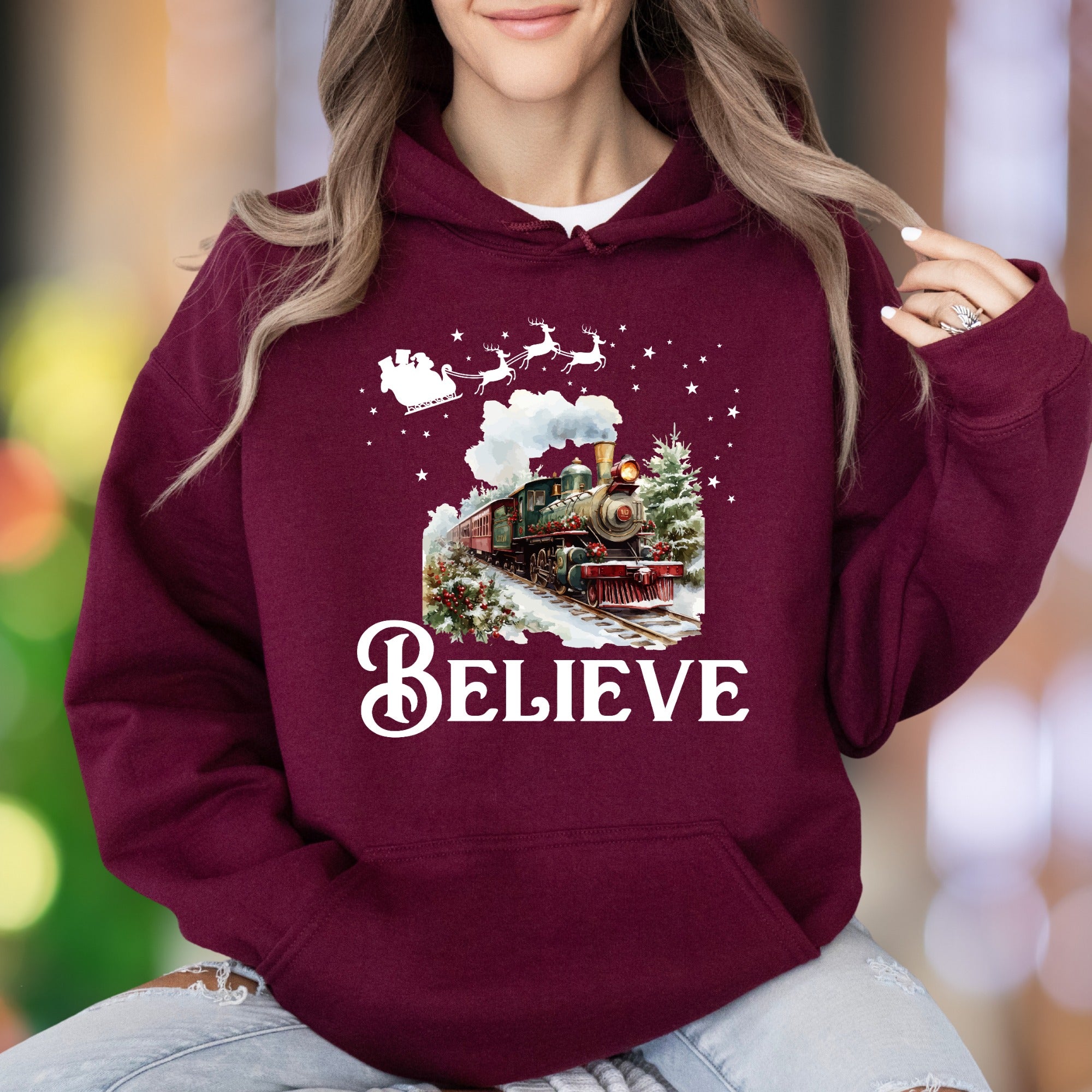 "BELIEVE" | Festive Winter Train Unisex Adult Hoodie | Holiday Magic Lifestyle