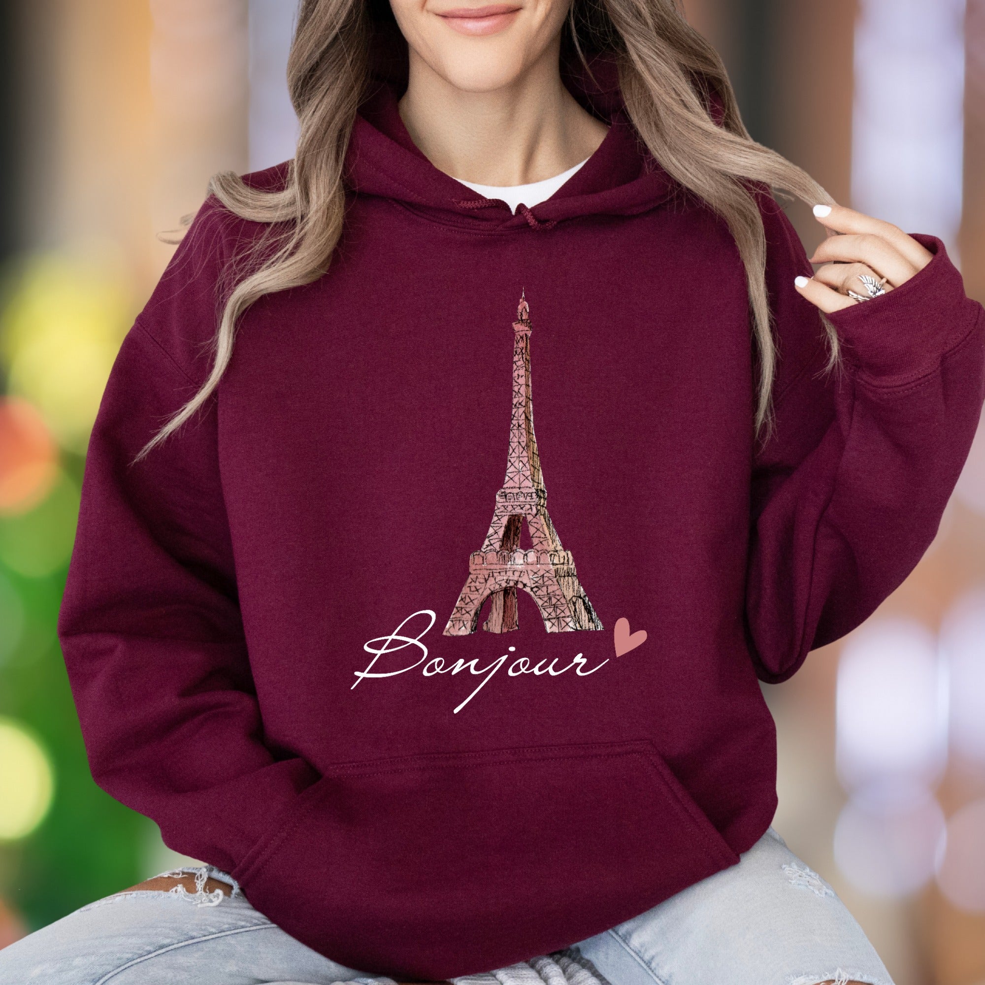 "Bonjour Eiffel Tower" | Parisian Sketch Unisex Adult Hoodie | Travel Lifestyle Apparel