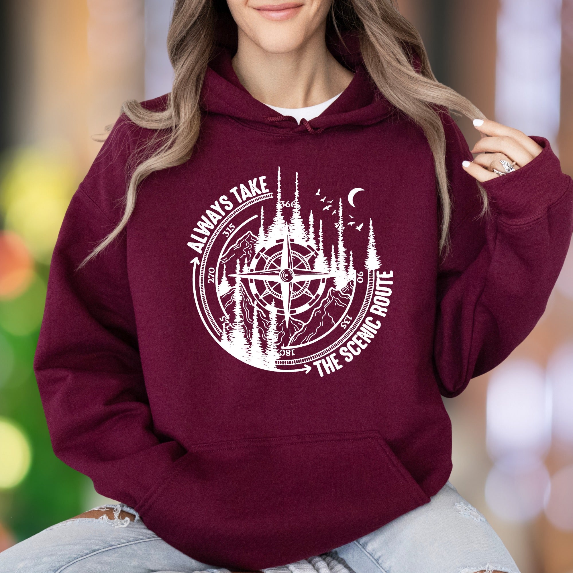 "Always Take The Scenic Route" | Nature Compass Unisex Adult Hoodie | Adventurous Lifestyle