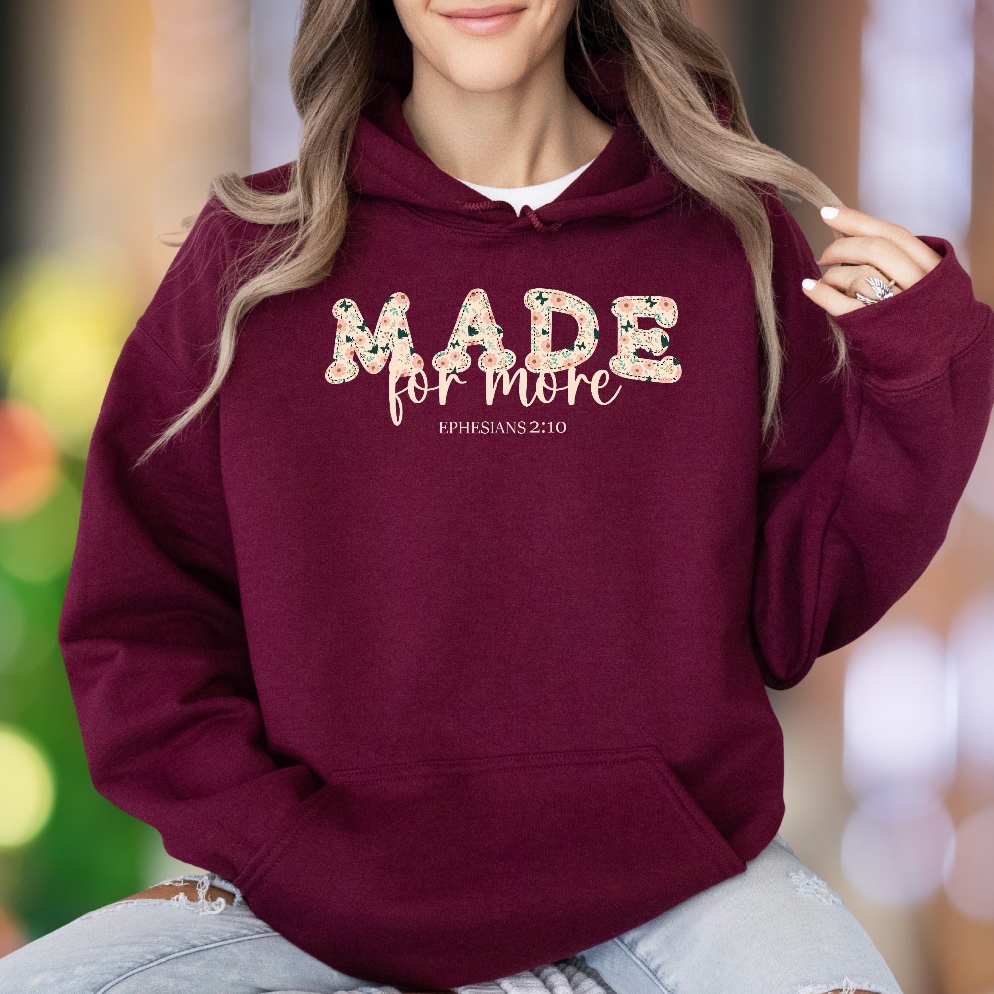 "MADE for more - Ephesians 2:10" | Floral Patchwork Unisex Adult Hoodie | Motivational Lifestyle