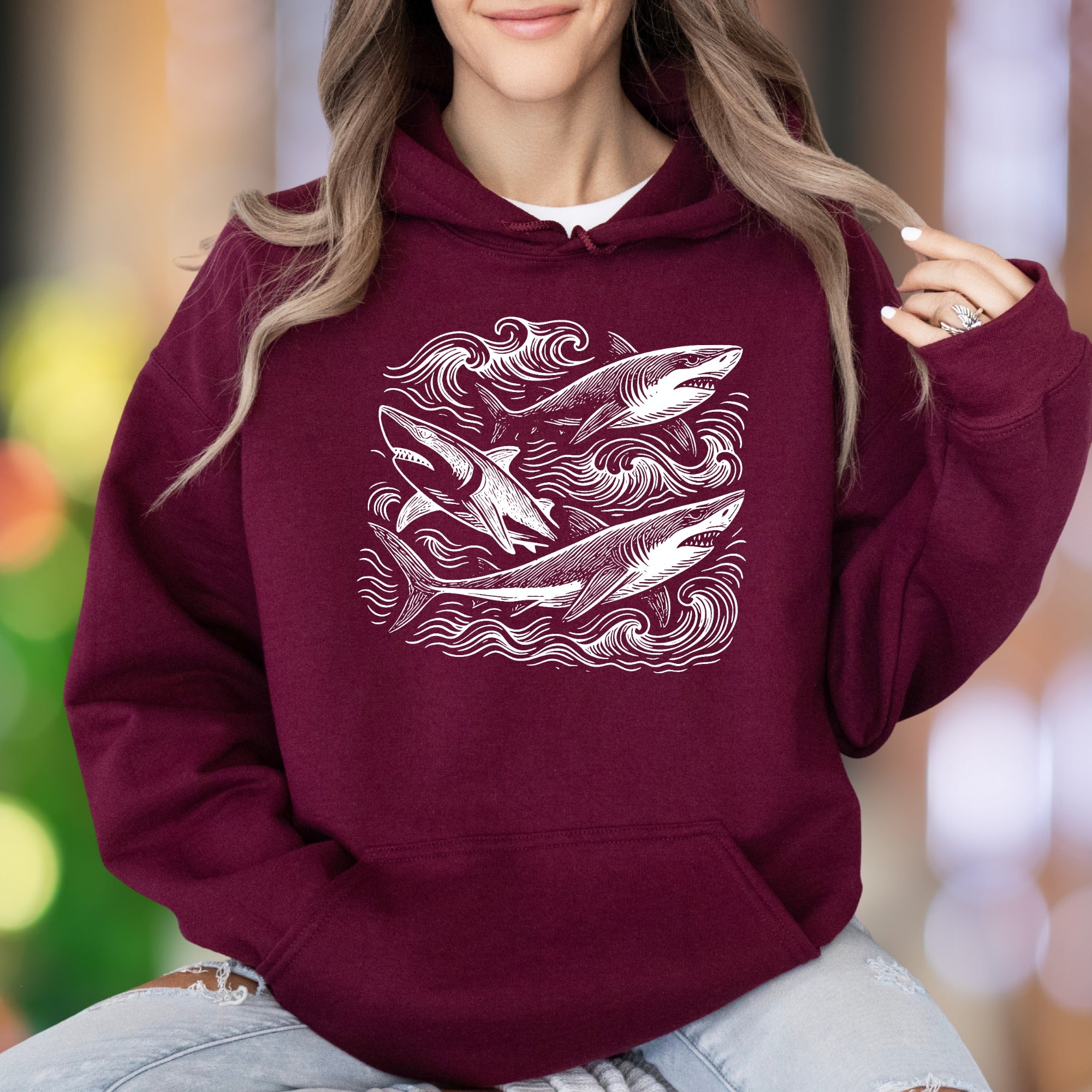 "Ocean Waves & Sharks" | Hand-Drawn Graphic Unisex Adult Hoodie | Nature Outdoor Lifestyle