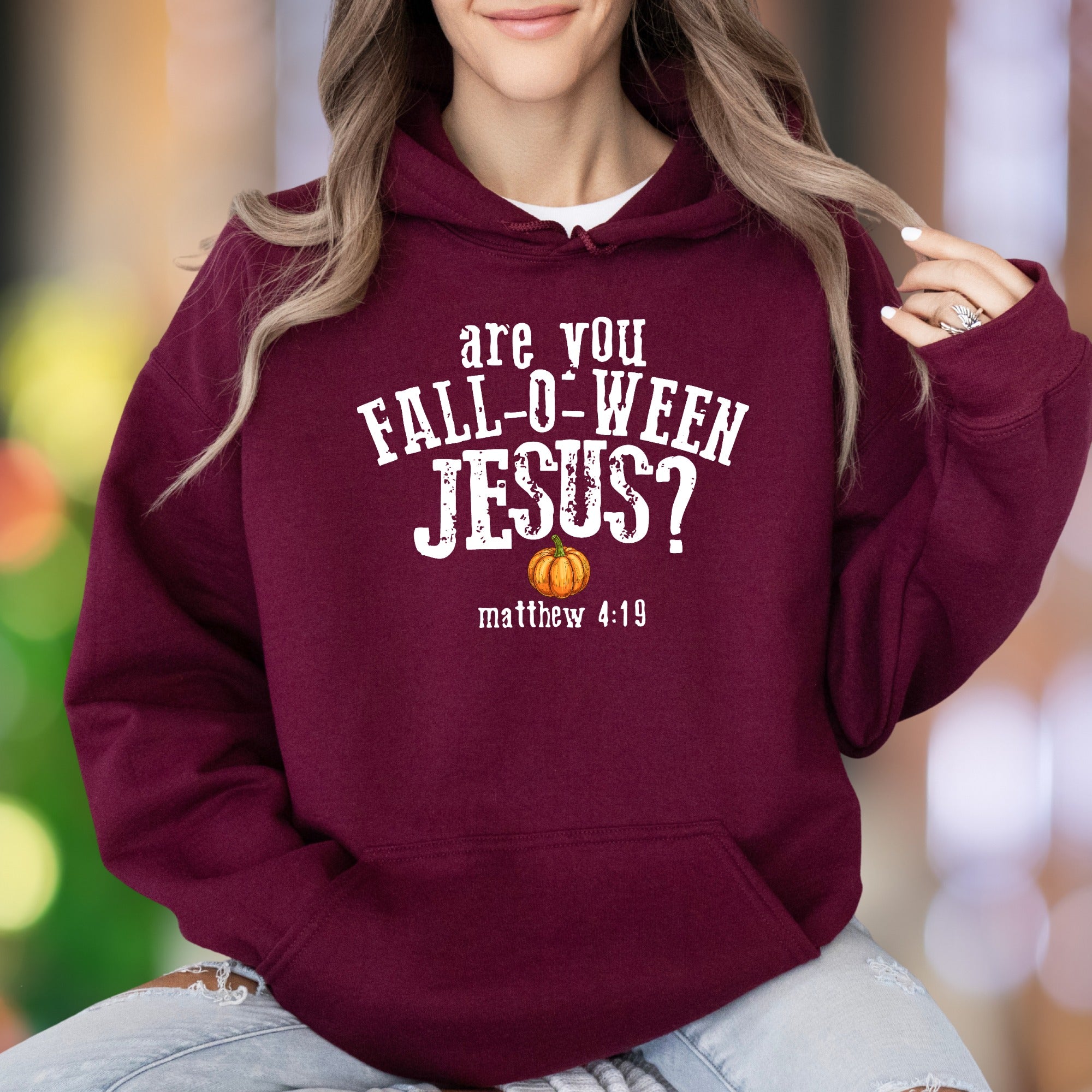 "Are You Fall-o-ween Jesus? Matthew 4:19" | Bold Typography Unisex Adult Hoodie | Humorous Lifestyle