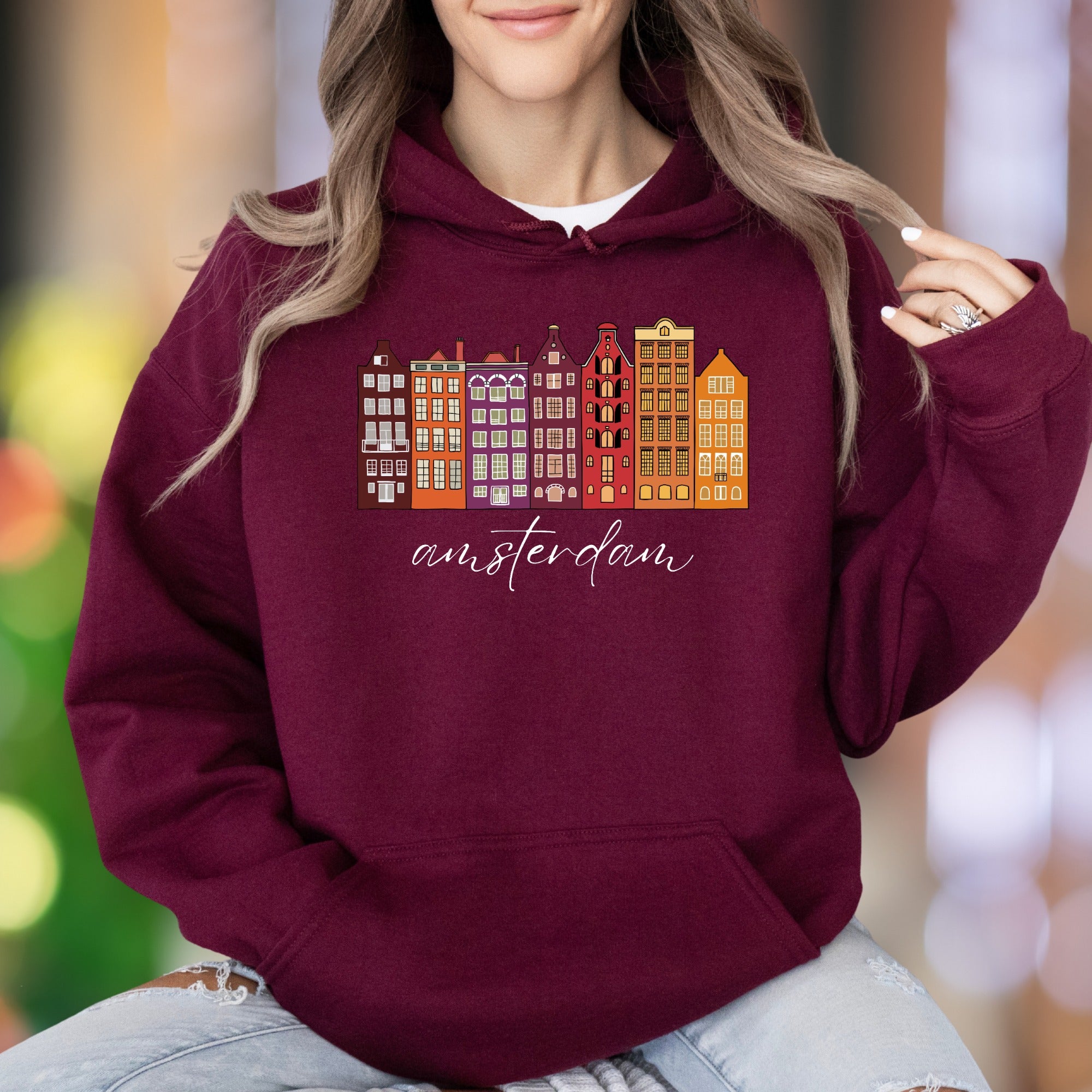 "amsterdam" | Illustrated Cityscape Unisex Adult Hoodie | Travel Lifestyle