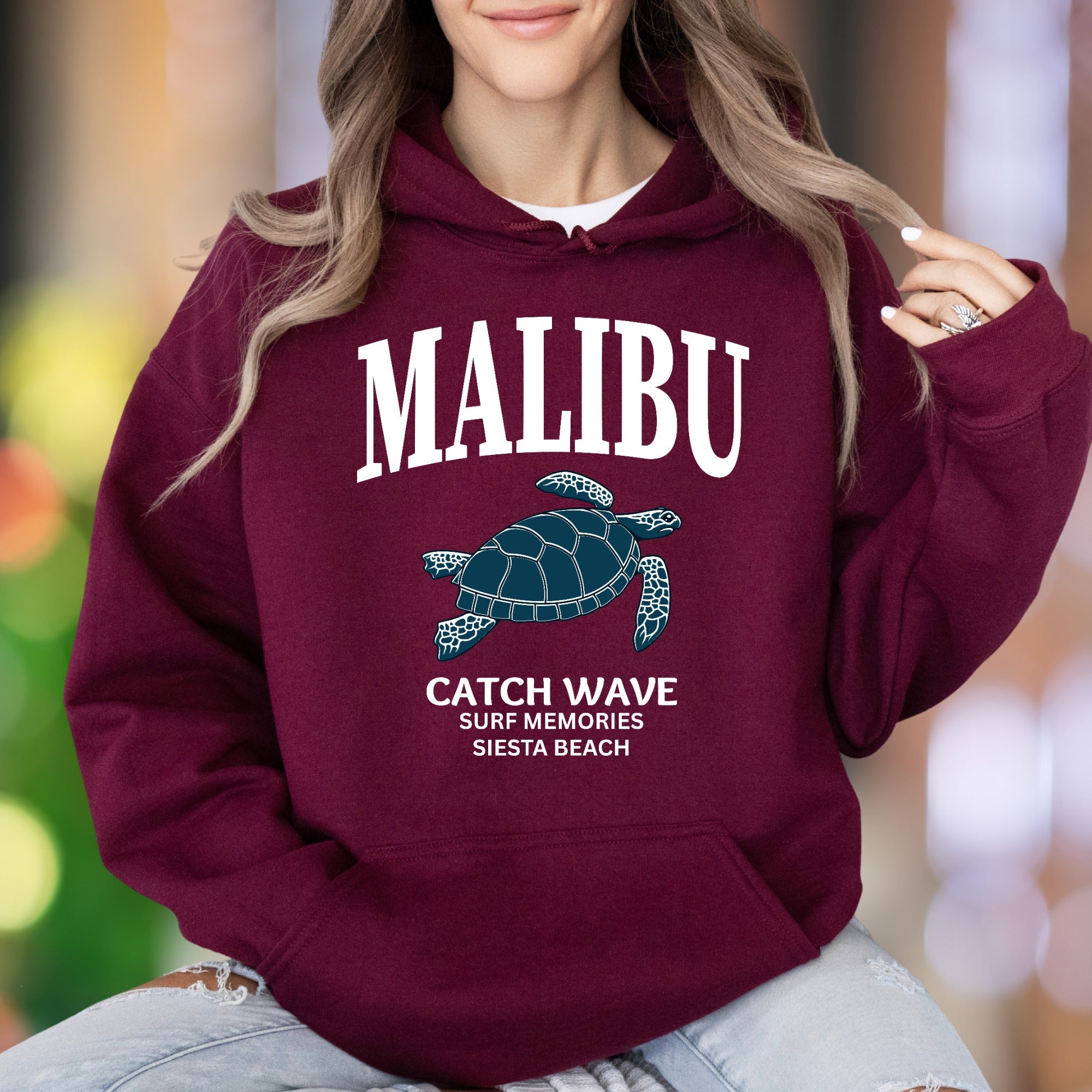 "MALIBU Catch Wave Surf Memories" | Retro Beach Unisex Adult Hoodie | Coastal Lifestyle