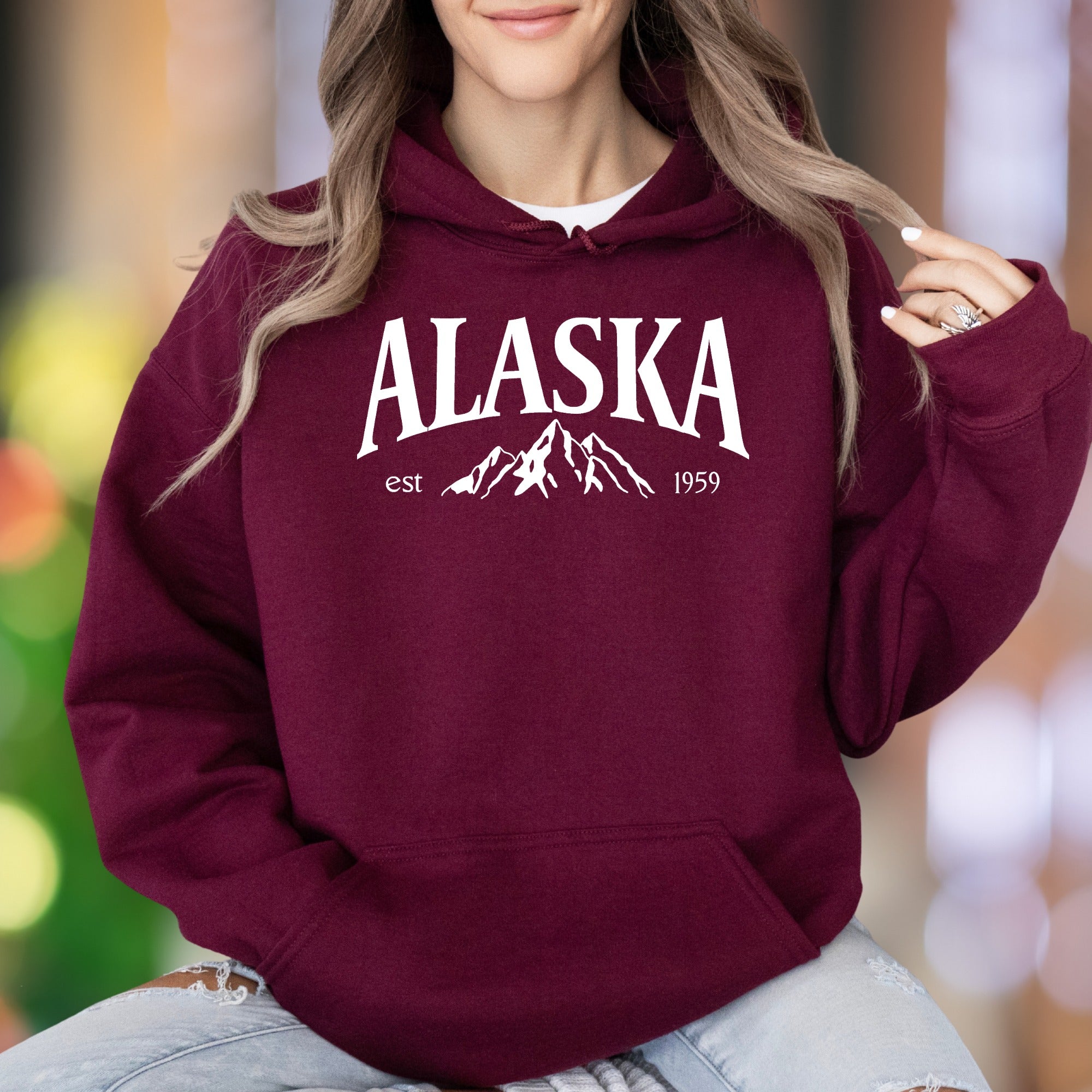 "ALASKA est 1959" | Retro Mountain Graphic Unisex Adult Hoodie | Nature Lifestyle