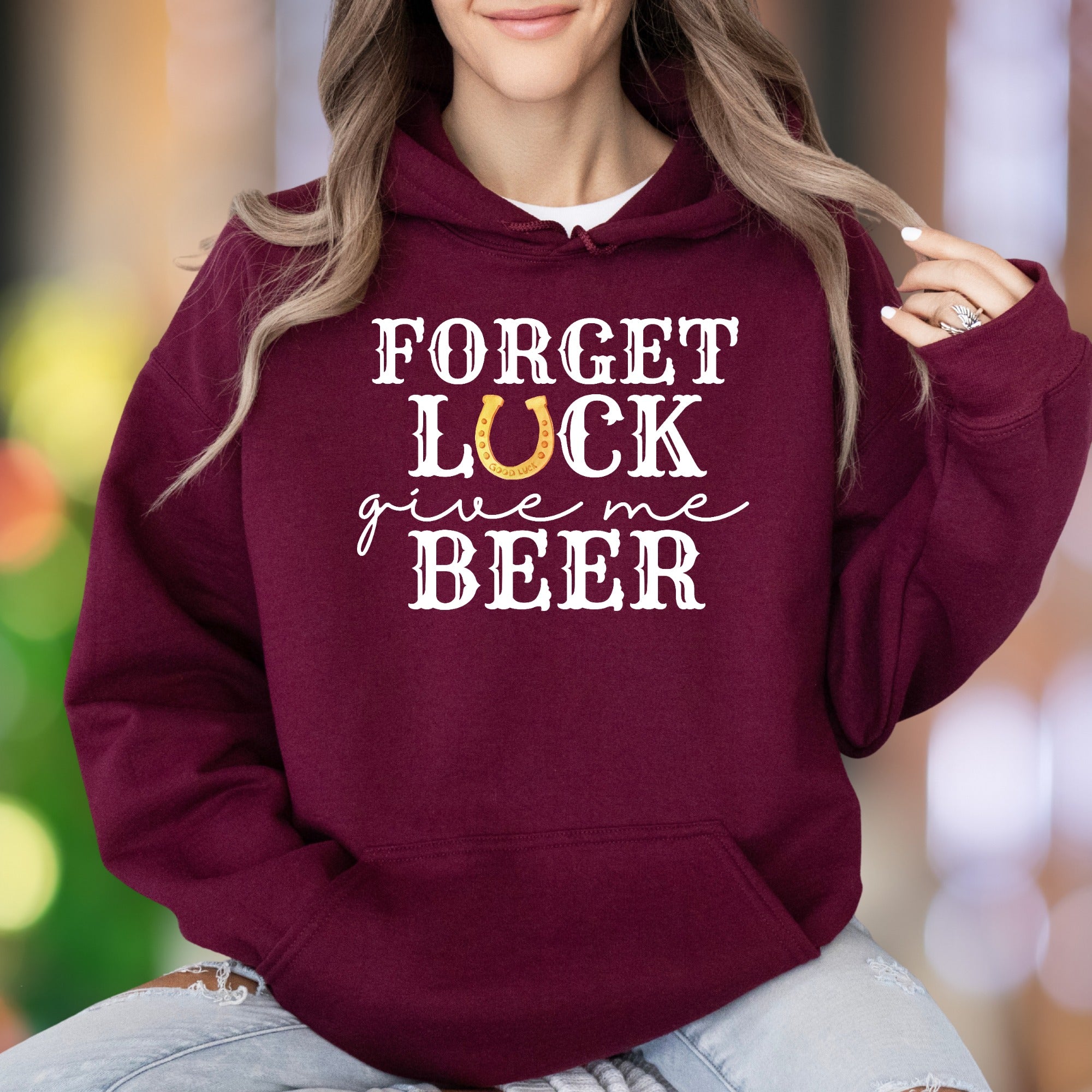 "Forget Luck Give Me Beer" | Funny Western Graphic Unisex Adult Hoodie | Casual Lifestyle