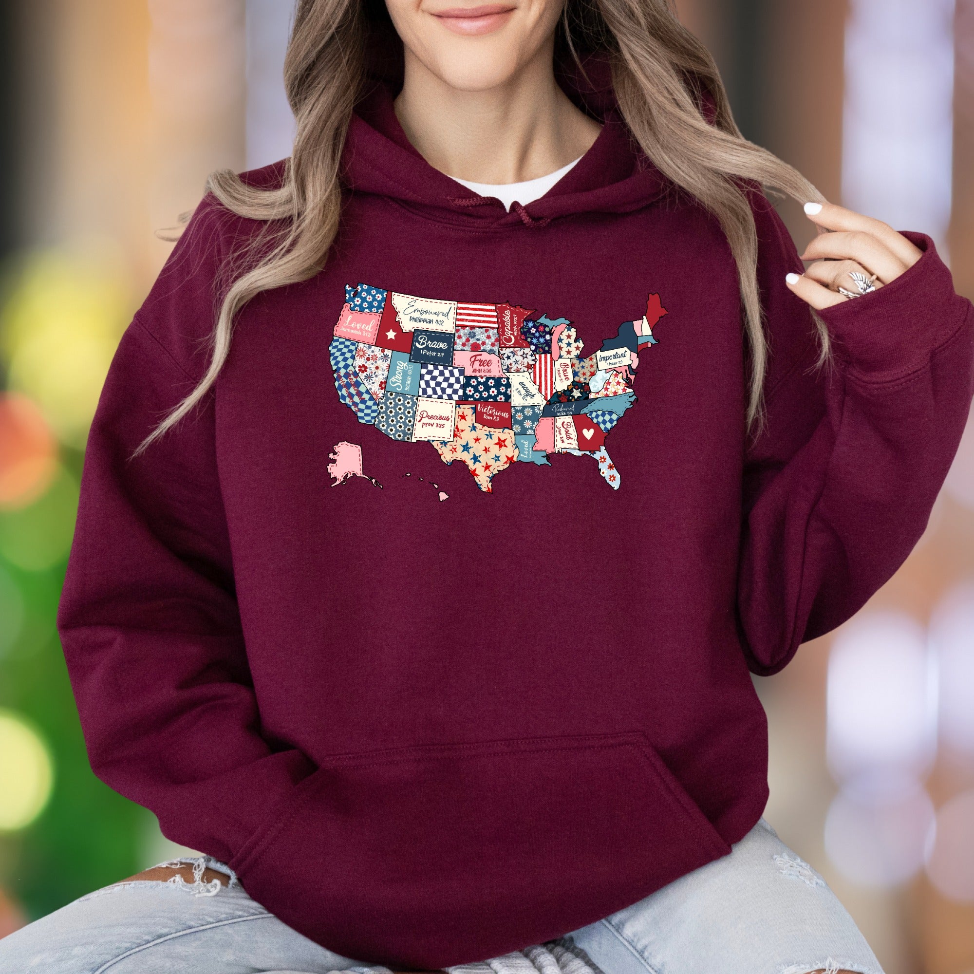 "Loved. Empowered. Brave. Free. Precious. Victorious. Important." | Patchwork USA Map Unisex Adult Hoodie | Motivational Identity