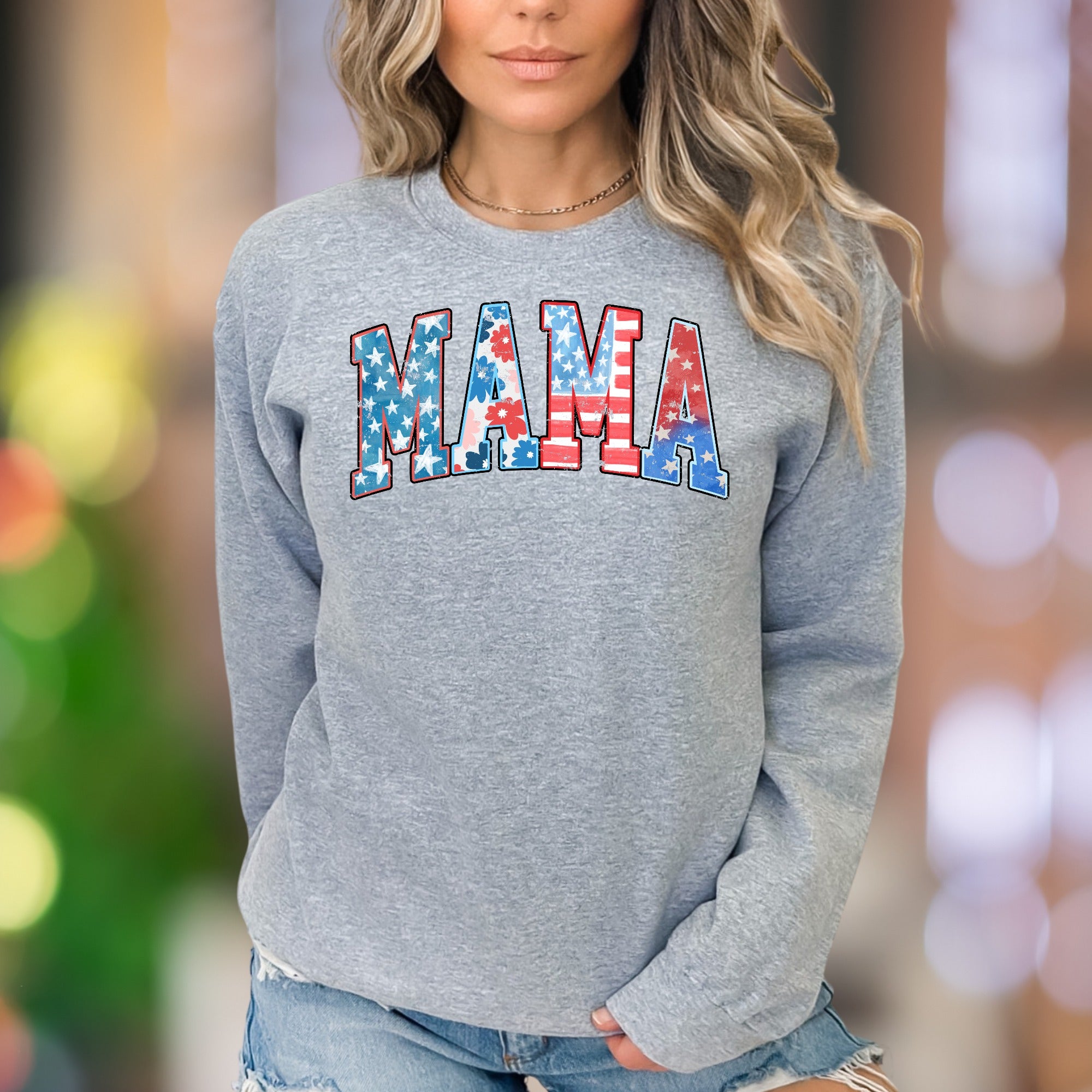 "MAMA" | Patriotic Floral & Stars Unisex Adult Sweatshirt | Motherhood Lifestyle
