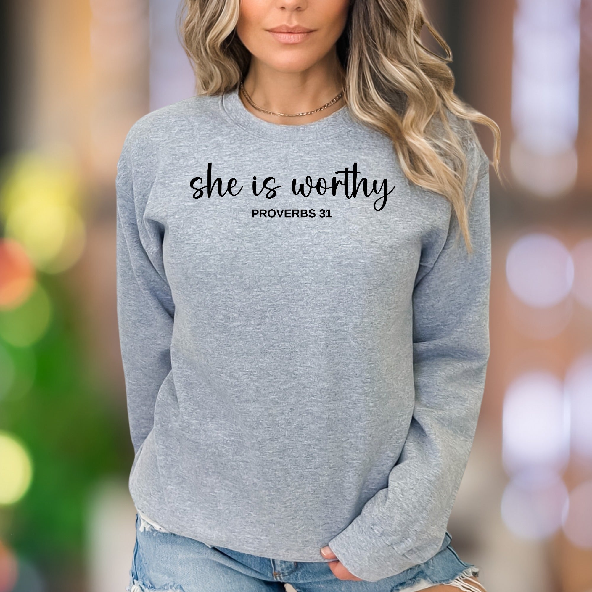 "She Is Worthy - Proverbs 31" | Script Typography Unisex Adult Sweatshirt | Inspirational Lifestyle