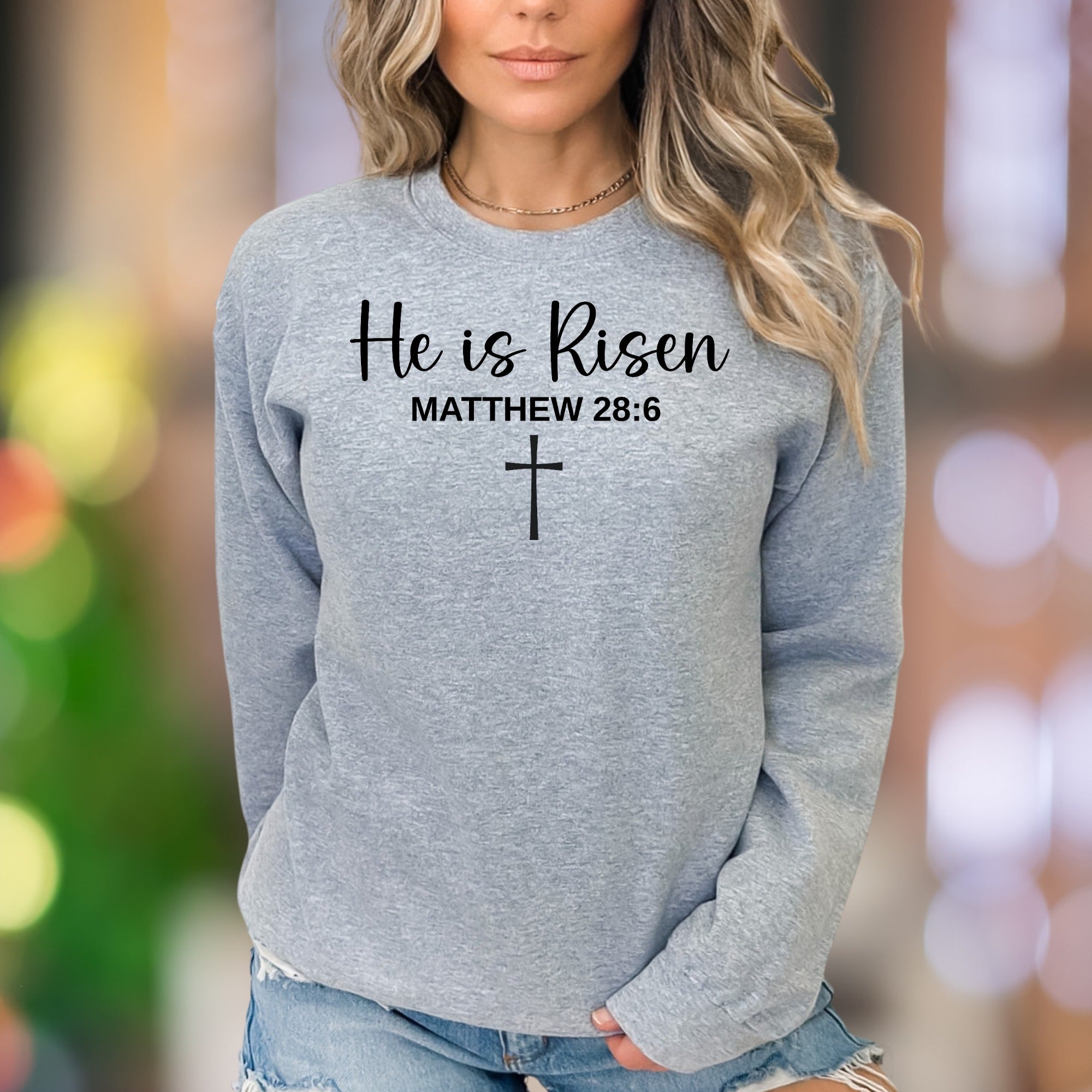 "He is Risen Matthew 28:6" | Script Typography Unisex Adult Sweatshirt | Inspirational Lifestyle