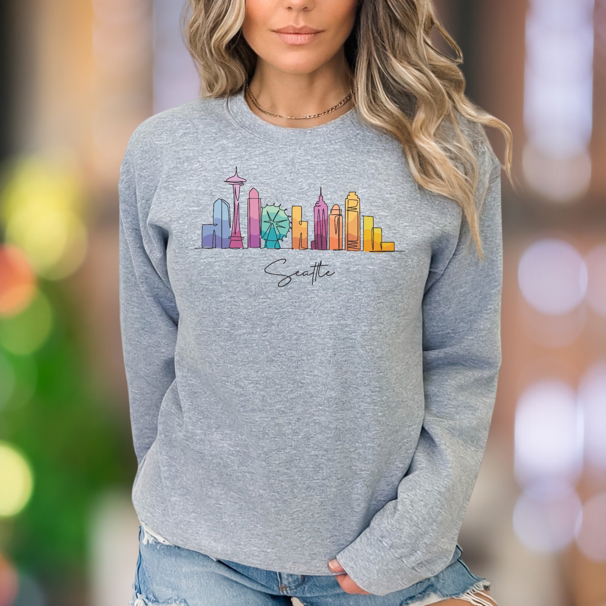 "Seattle" | Watercolor Skyline Unisex Adult Sweatshirt | City Travel Apparel