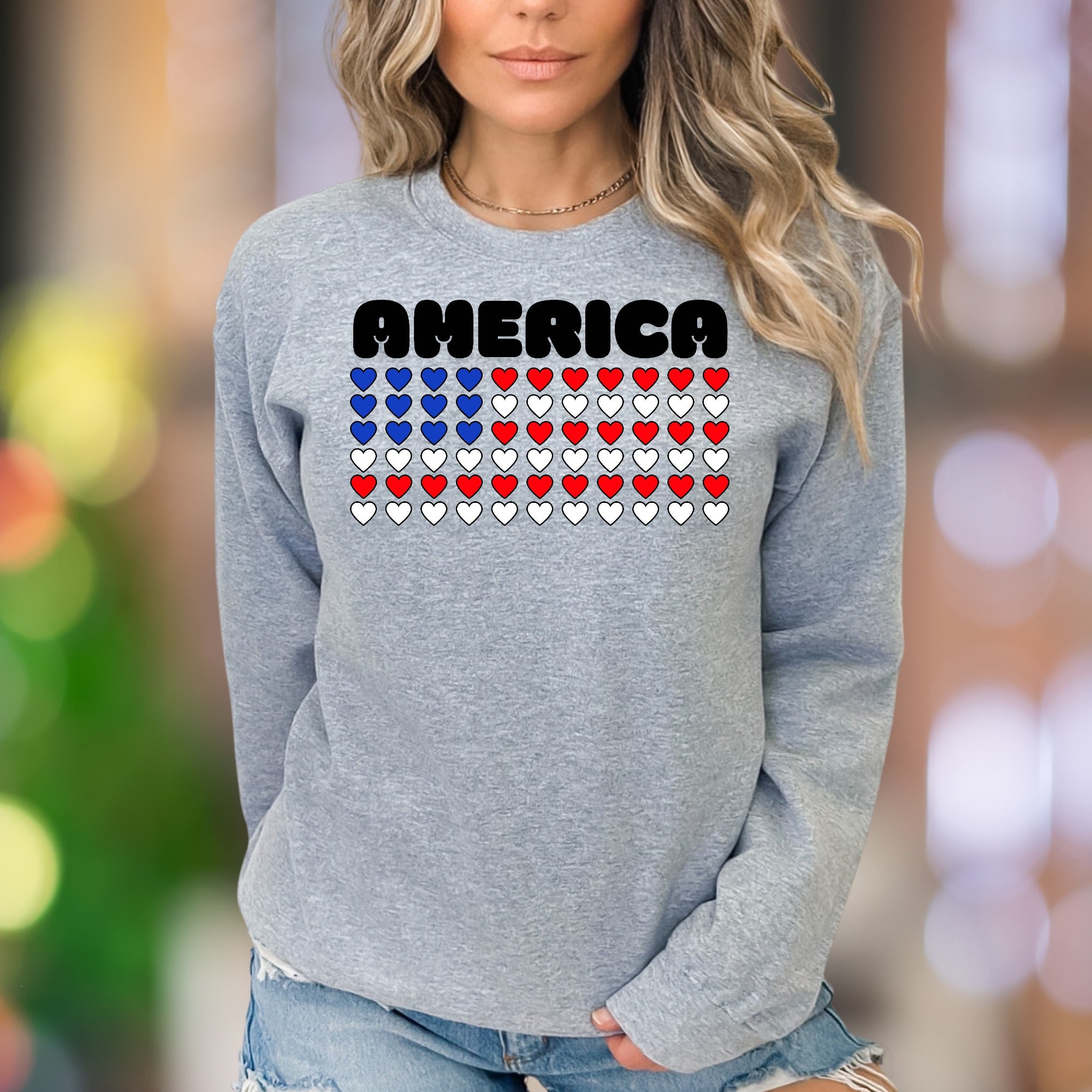 "AMERICA" | Patriotic Hearts Unisex Adult Sweatshirt | American Pride Wear