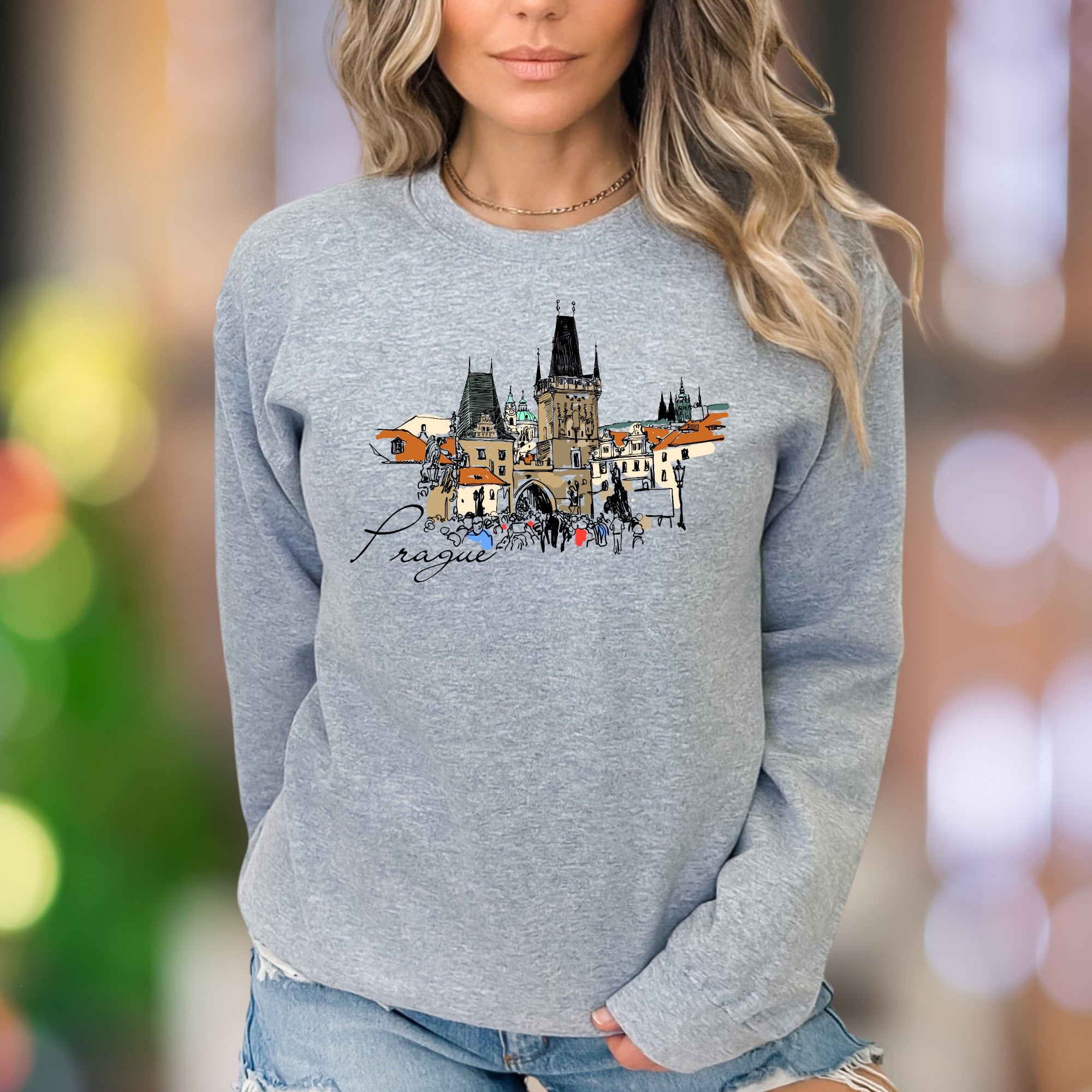 "Prague" | Line Art Cityscape Unisex Adult Sweatshirt | Travel Lifestyle