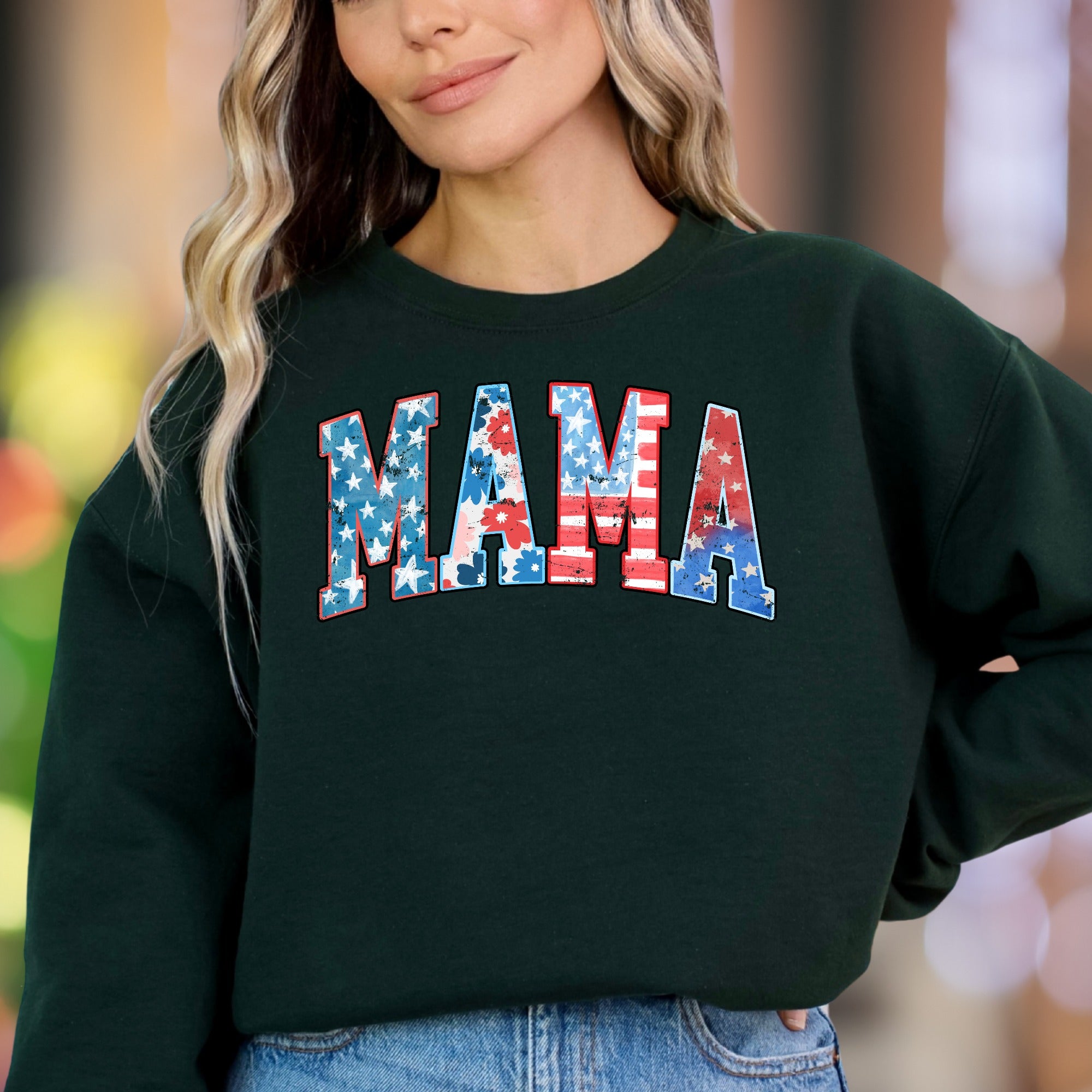 "MAMA" | Patriotic Floral & Stars Unisex Adult Sweatshirt | Motherhood Lifestyle