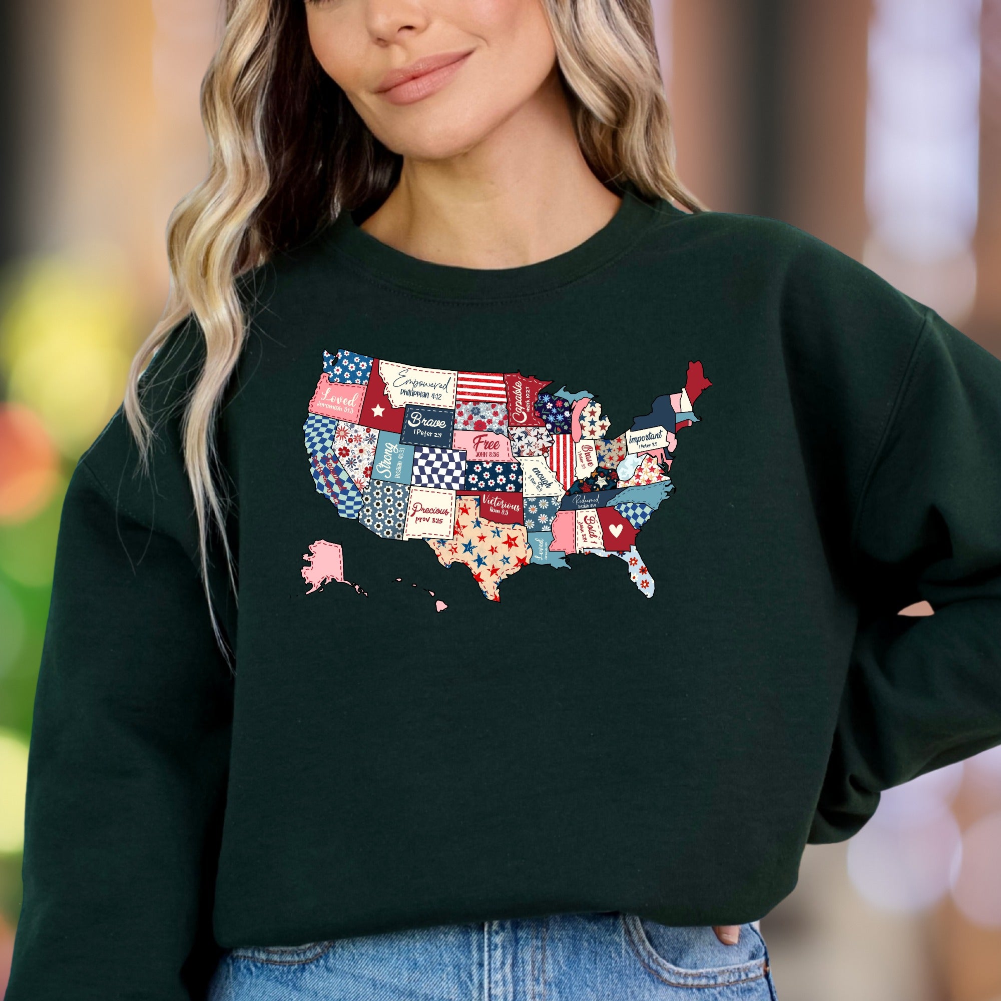 "Loved, Empowered, Brave, Free, Strong, Precious, Victorious" | Patchwork Map Unisex Adult Sweatshirt | Spiritual Confidence