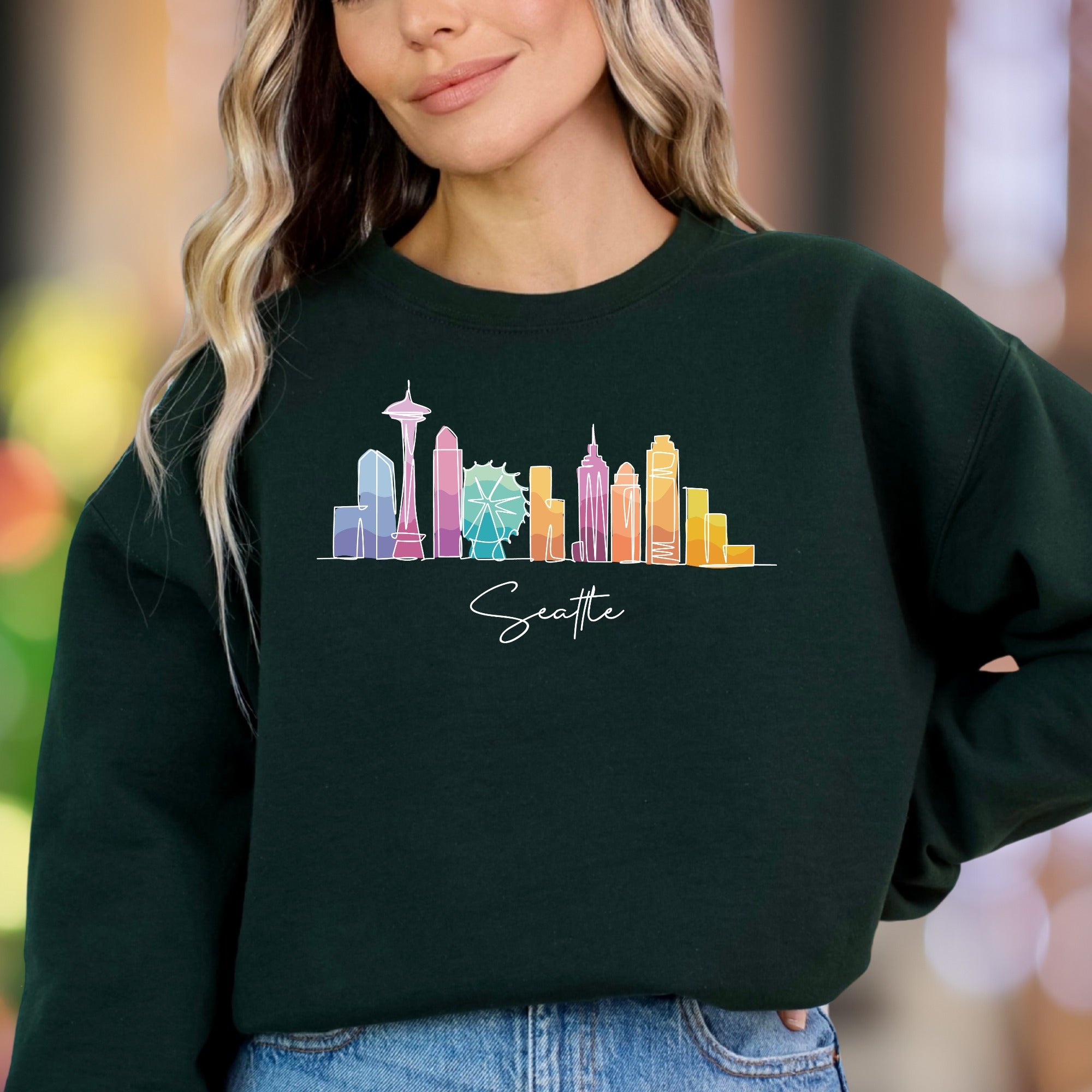 "Seattle" | Watercolor Skyline Unisex Adult Sweatshirt | City Travel Apparel