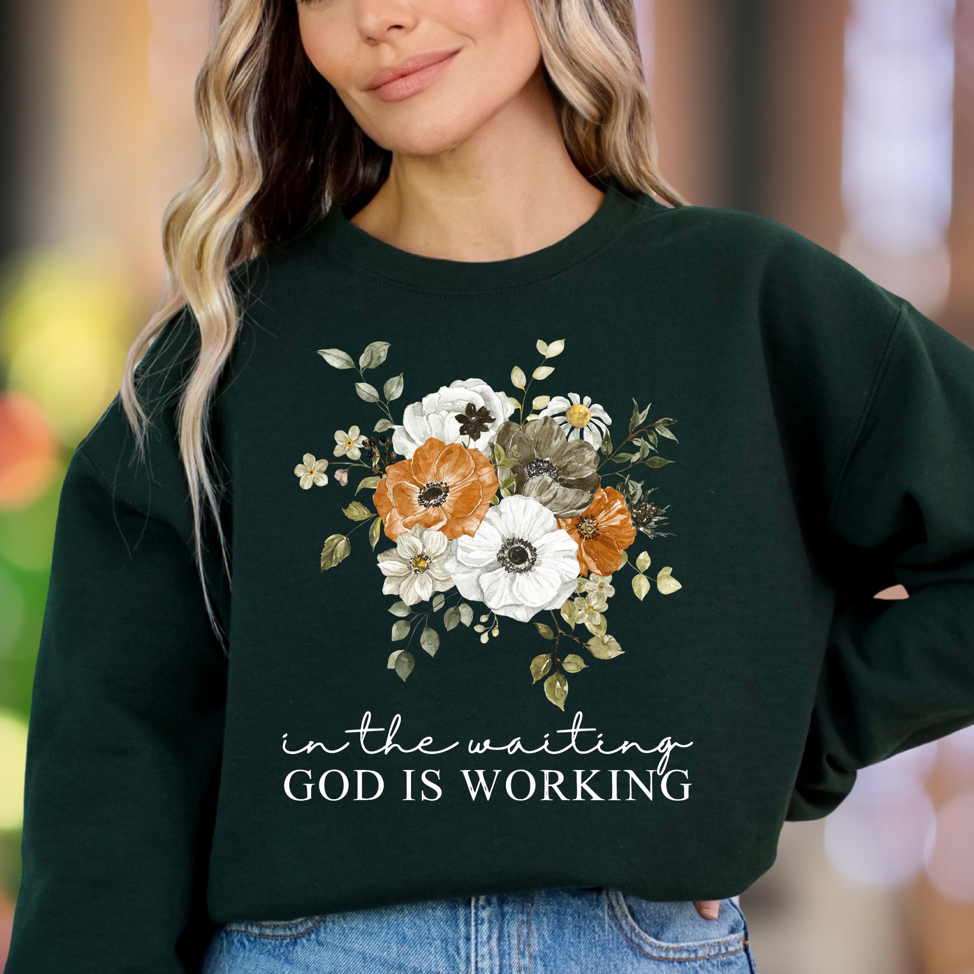 "In The Waiting God Is Working" | Floral Typography Unisex Adult Sweatshirt | Inspirational Lifestyle