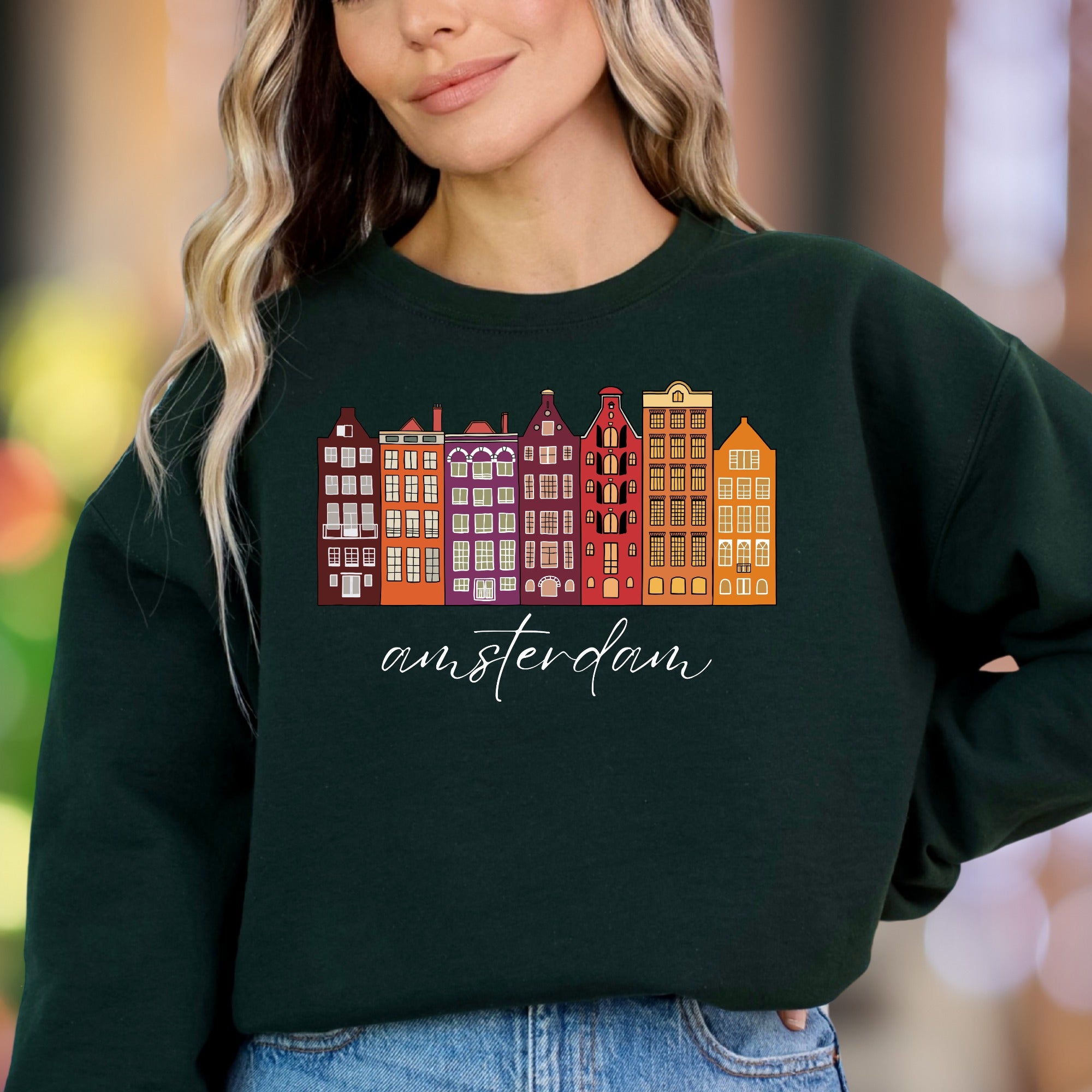 "Amsterdam" | Cityscape Graphic Unisex Adult Sweatshirt | Travel Lifestyle Apparel
