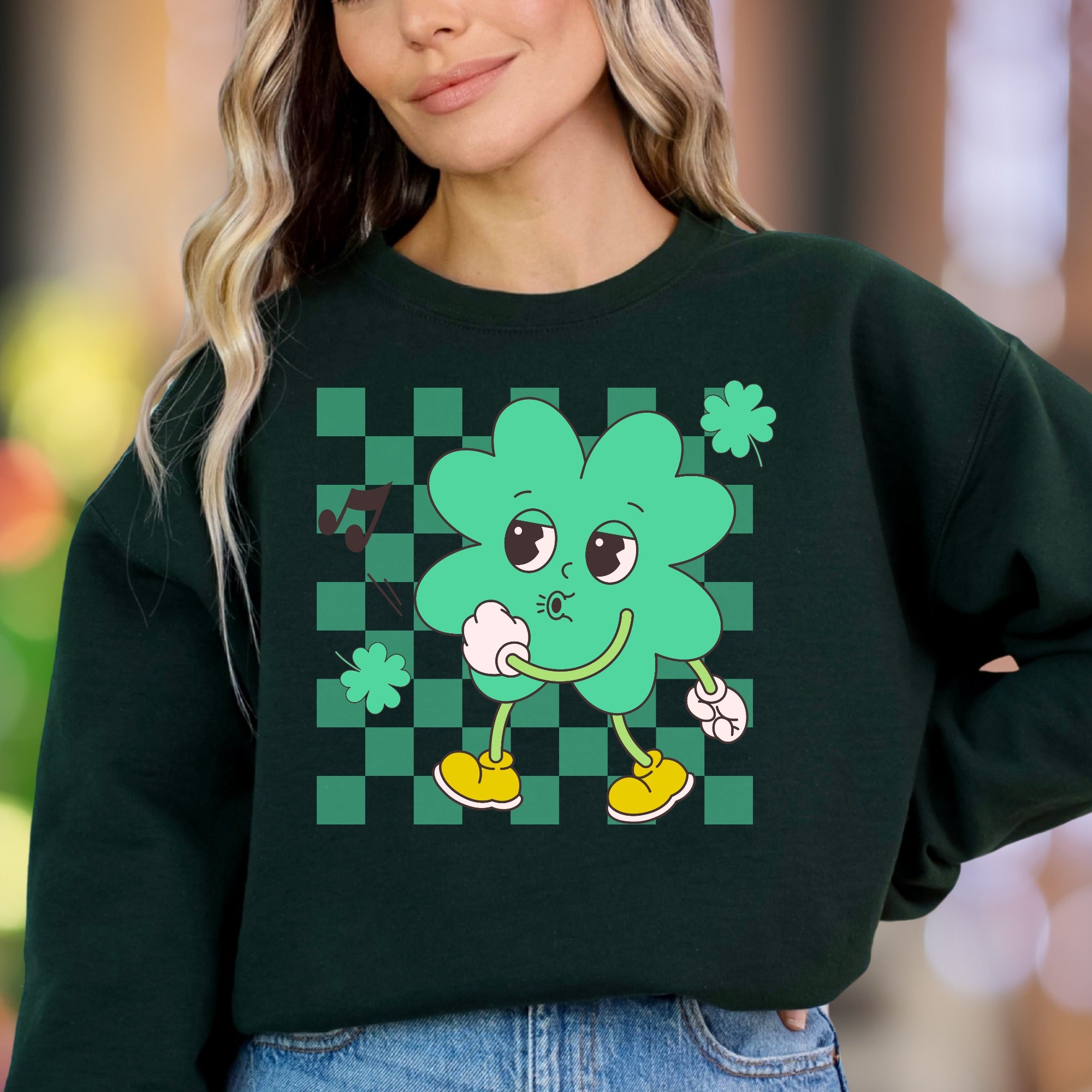 "Whistling Shamrock Character" | Retro Cartoon Unisex Adult Sweatshirt | Playful Lifestyle