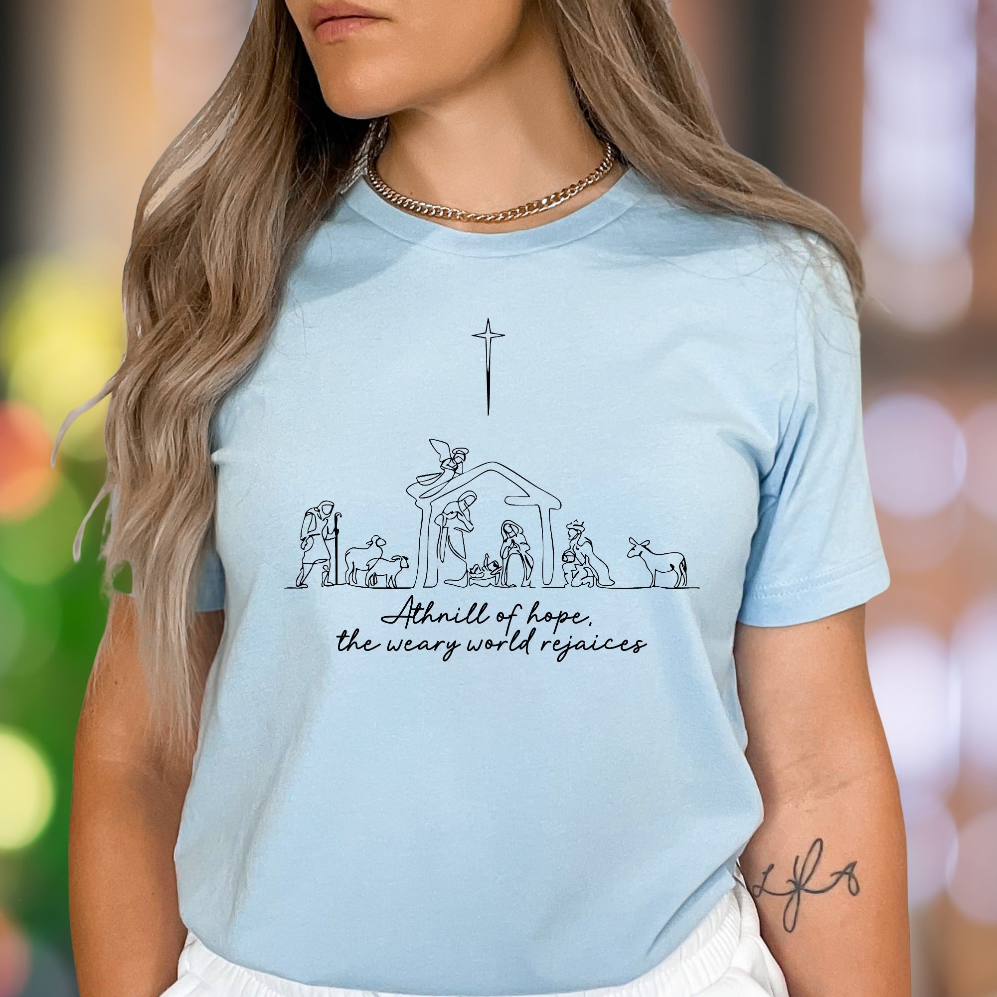 "A thrill of hope, the weary world rejoices" | Minimal Nativity Unisex Adult T-Shirt | Holiday Lifestyle