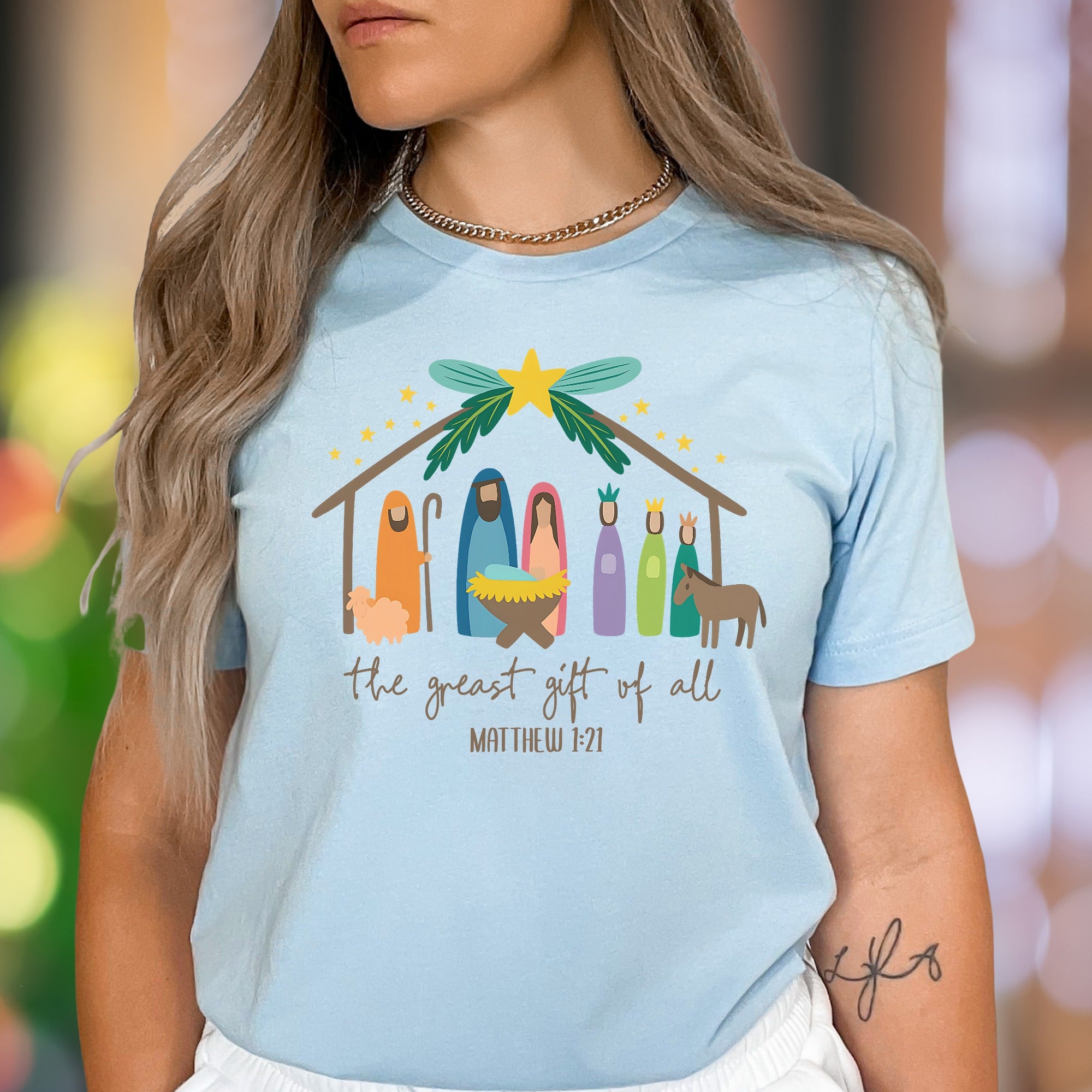 "The Greatest Gift Of All Matthew 1:21" | Nativity Scene Unisex Adult T-Shirt | Heartfelt Scripture Apparel