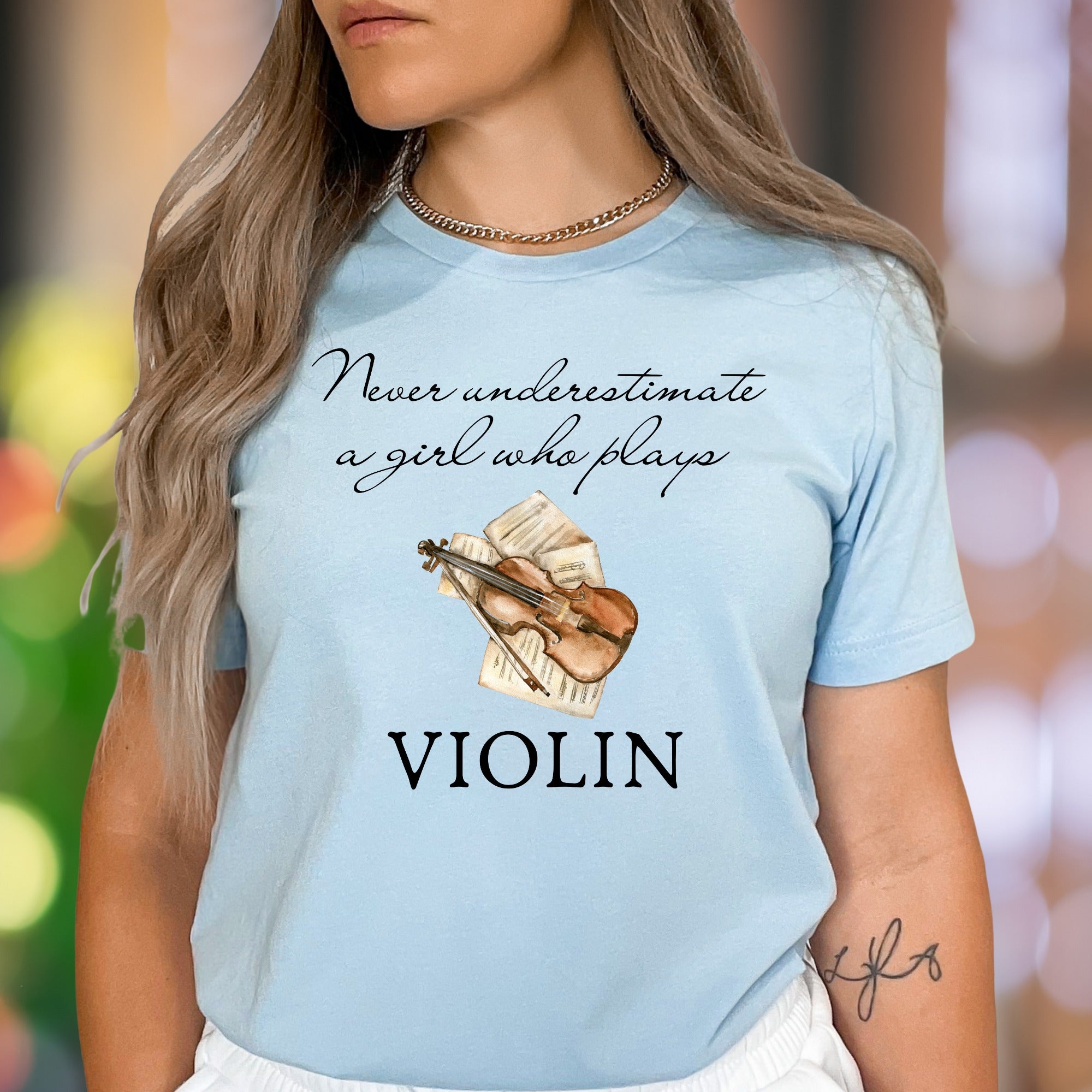 "Never underestimate a girl who plays VIOLIN" | Artistic Graphic Unisex Adult T-Shirt | Musician Lifestyle