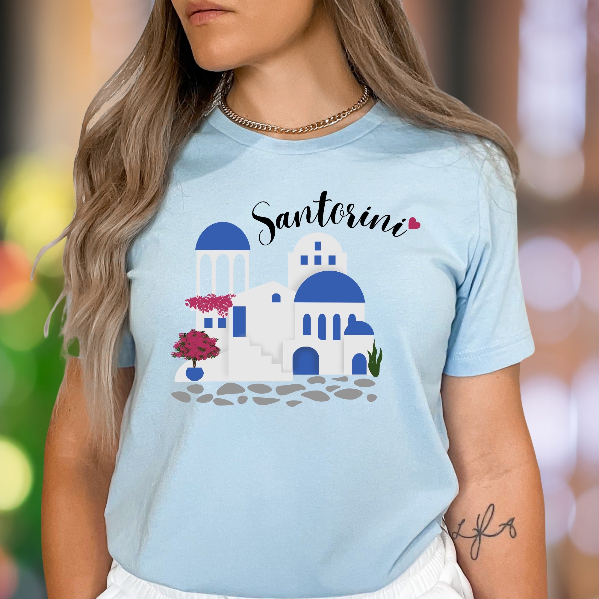 "Santorini" | Illustrated Graphic Unisex Adult T-Shirt | Travel & Wanderlust