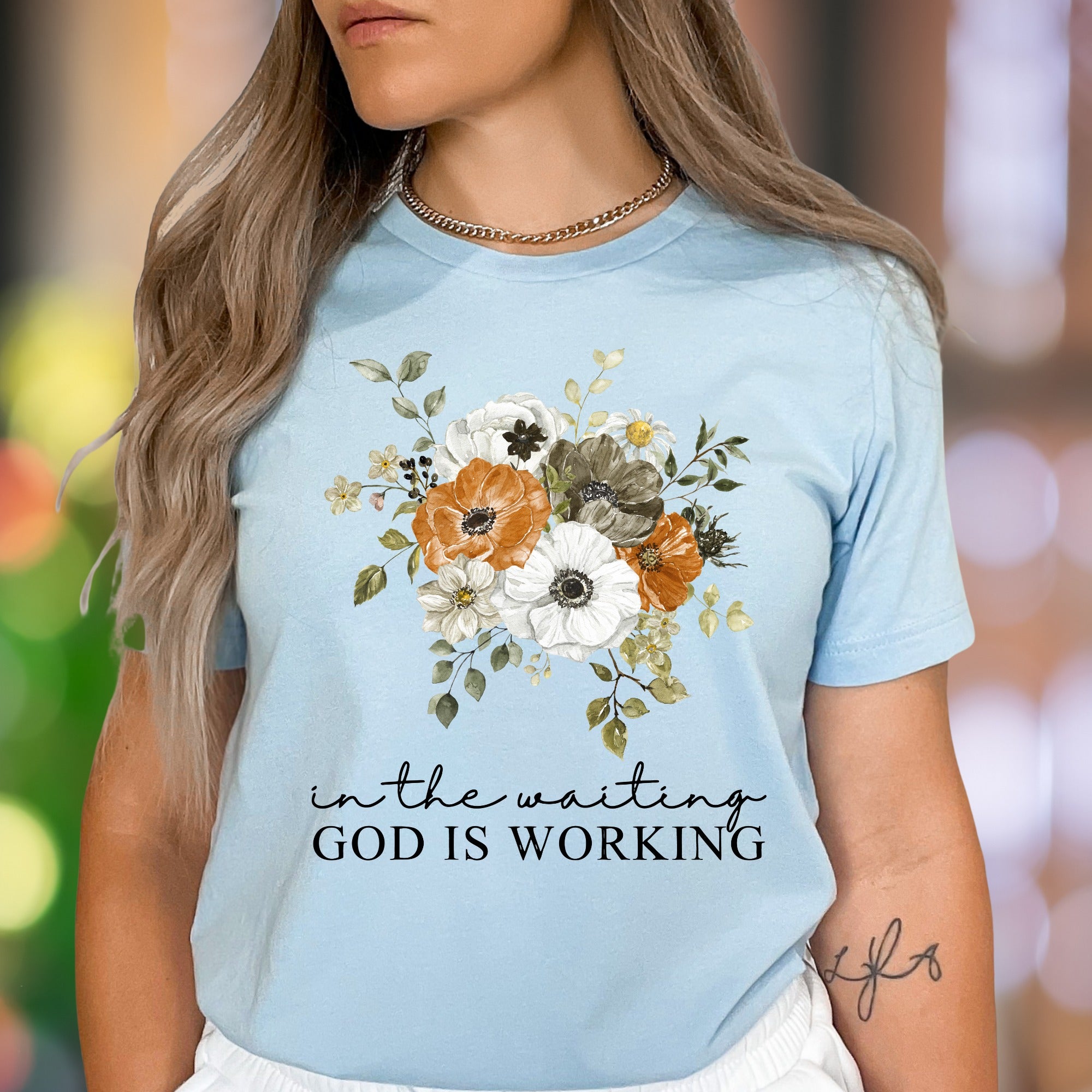 “In The Waiting God Is Working" | Floral Graphic Unisex Adult T-Shirt | Inspirational Lifestyle