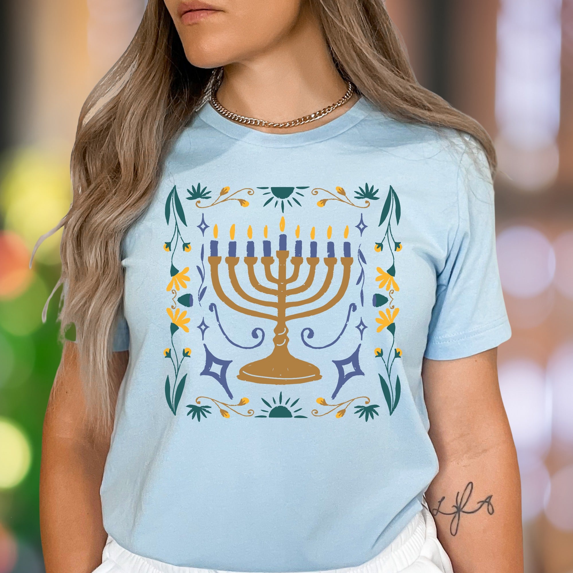 "Menorah & Floral" | Folk Art Unisex Adult T-Shirt | Festive Lifestyle